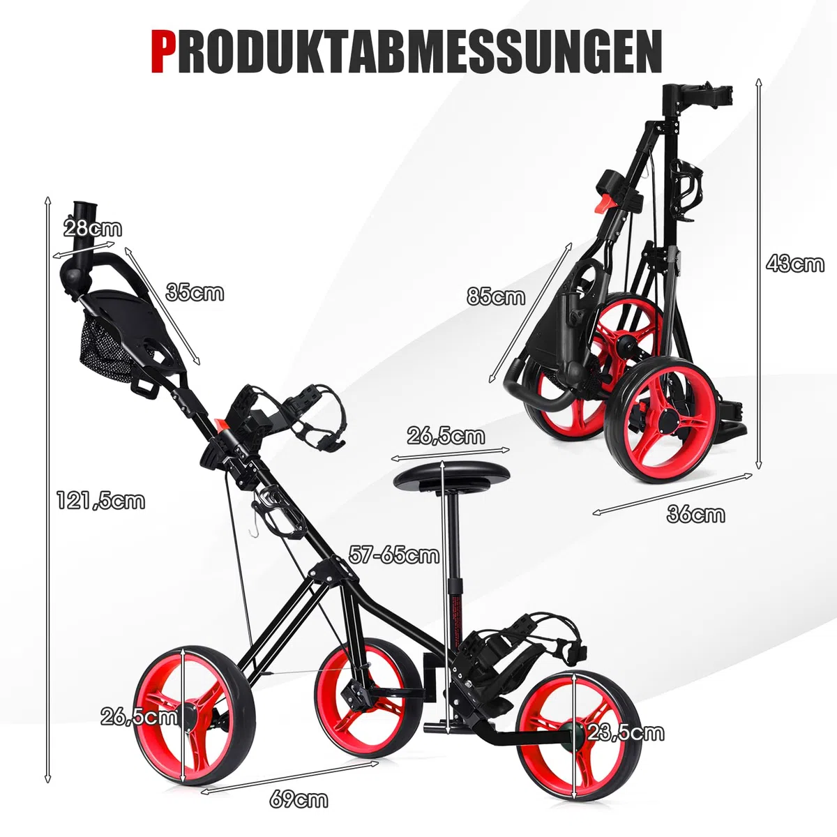 COSTWAY Golftrolley, Golf Trolley, Golftrolley 3 Rad Klappbar, Golfwagen Klappbar, Golf Cart, Golf Trolleys | mit verstellbarem Sitz & Griff & Halter für Schirm und Flasche