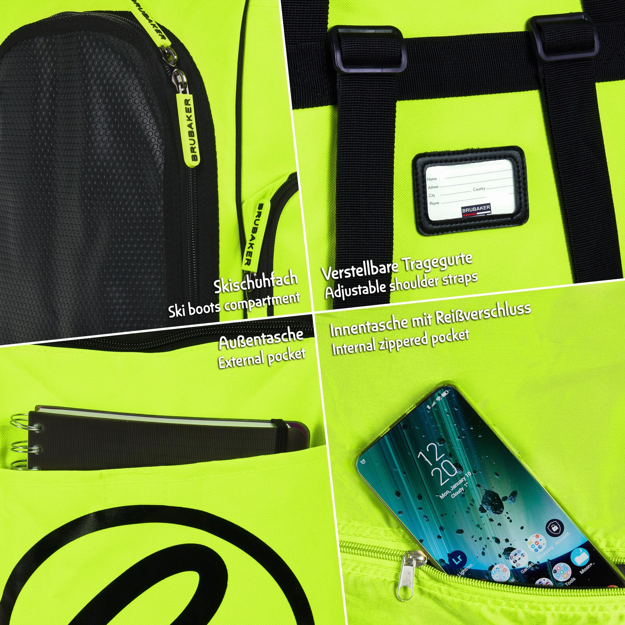BRUBAKER Super Champion Skischuhtasche Helmtasche Rucksack mit Schuhfach - Neon Gelb/Schwarz