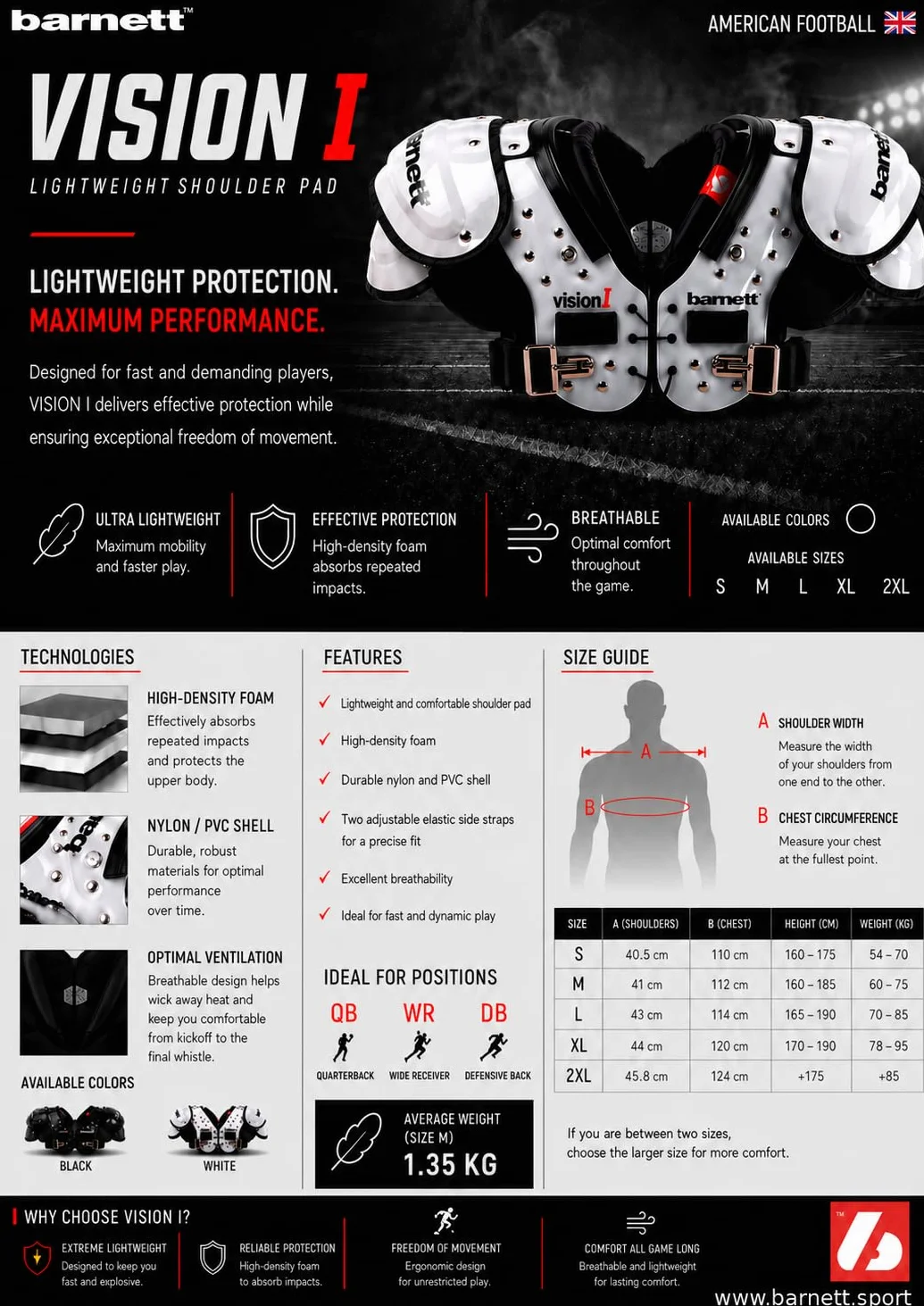 BARNETT Vision I Fußball-Schulterstütze, QB-WR-DB