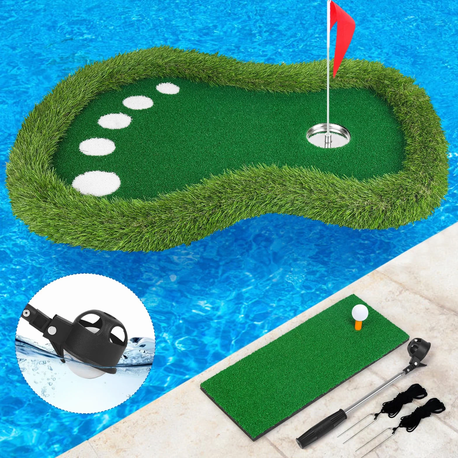 Schwimmendes Golfgrün für Pool, schwimmende grüne Matte mit Ball-Riever für Pool/See, kein Driften, schwimmendes Golf-Putting-Rasen-Spiel-Set für Golfer