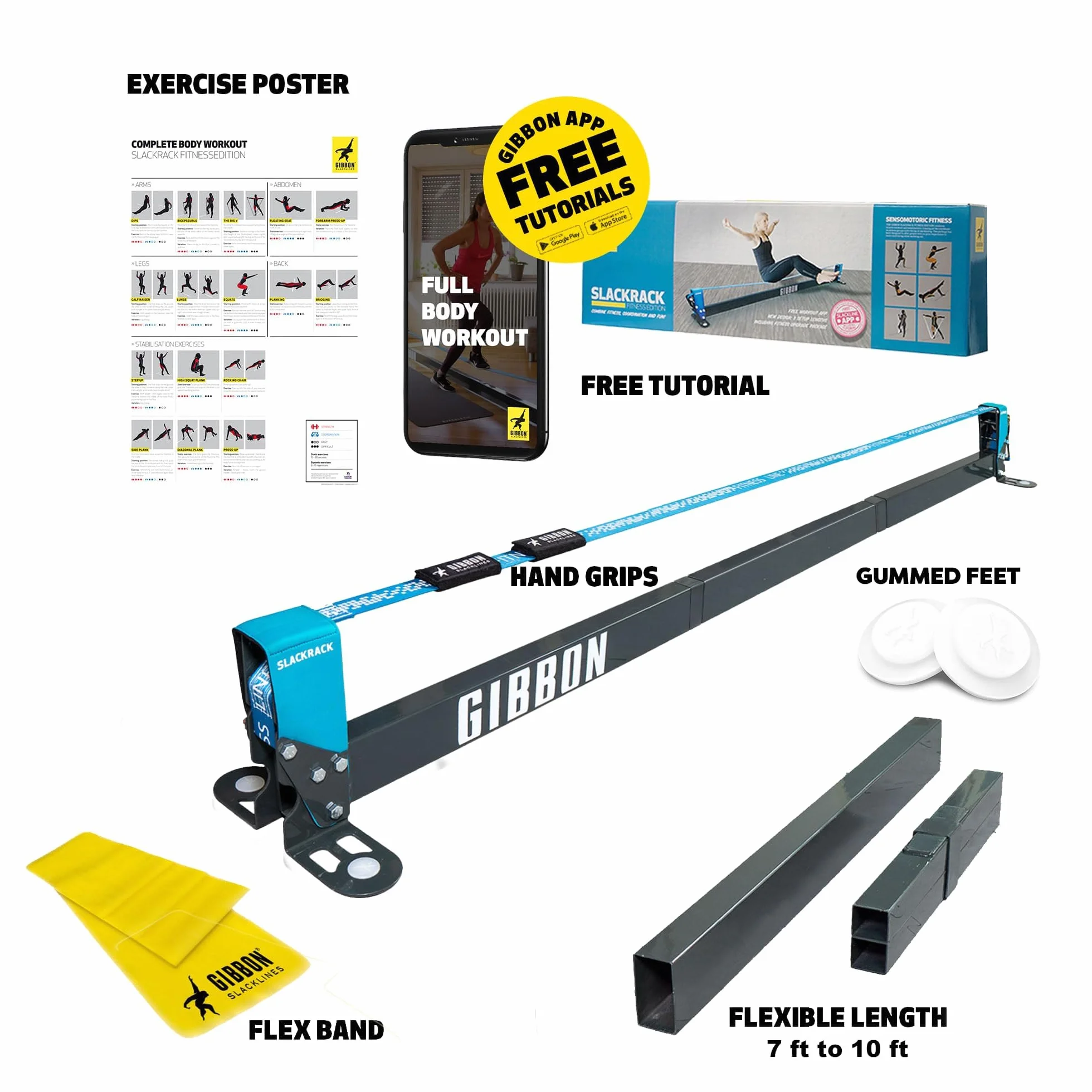 Gibbon Slacklines Slackrack Fitness Edition, grau/blau, Aufbaulängen: 2 oder 3 Meter, mit 2 Handgriffen, Stretchband und Übungsposter, Höhe: 30 cm, Breite: 2 Inch 5 cm