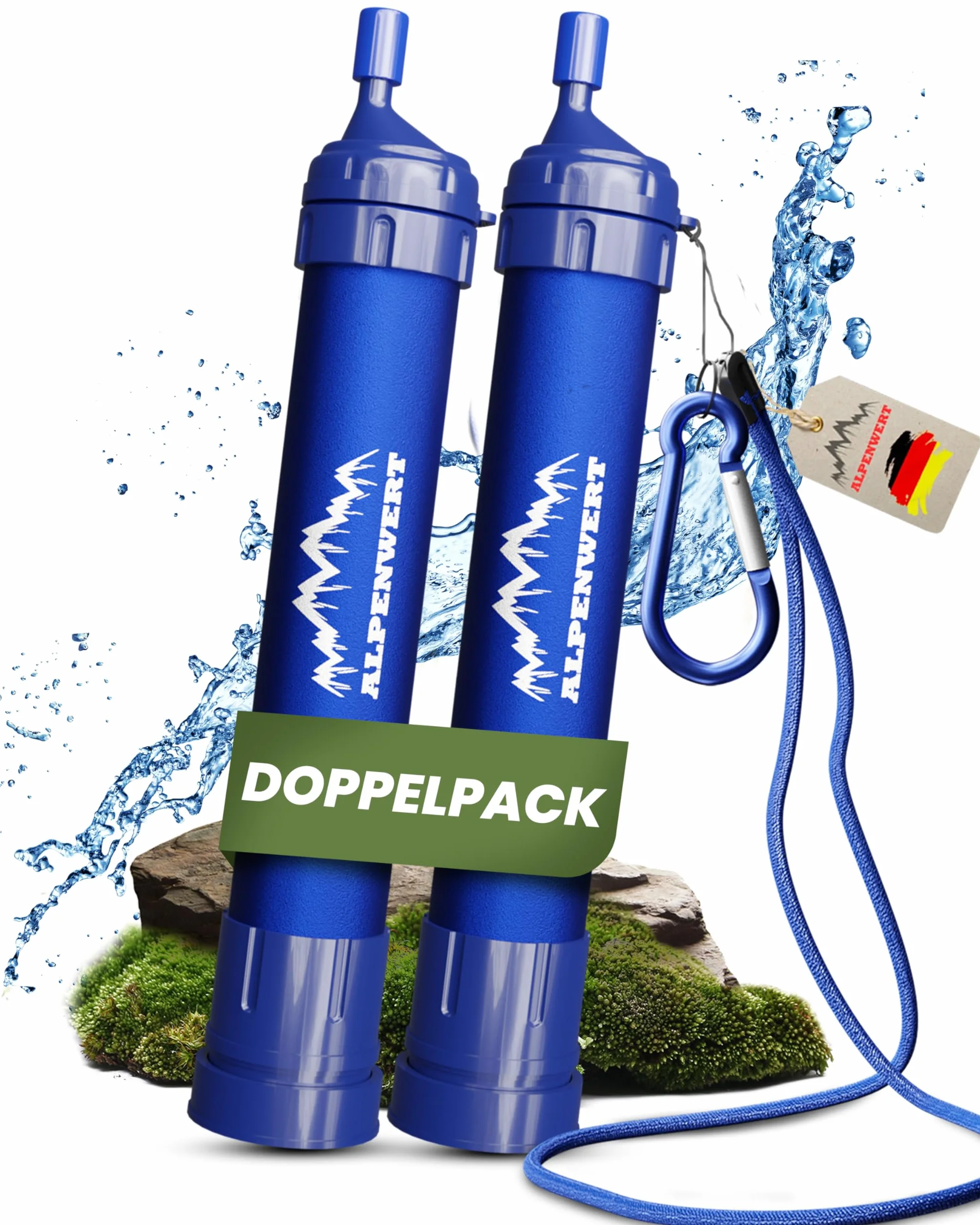 ALPENWERT Wasserfilter Outdoor Doppelpack - Trinkwasserfilter für 4000 Liter gefiltertes Wasser - Trinkwasseraufbereitung die 99,99% aller Keime und Bakterien abtötet