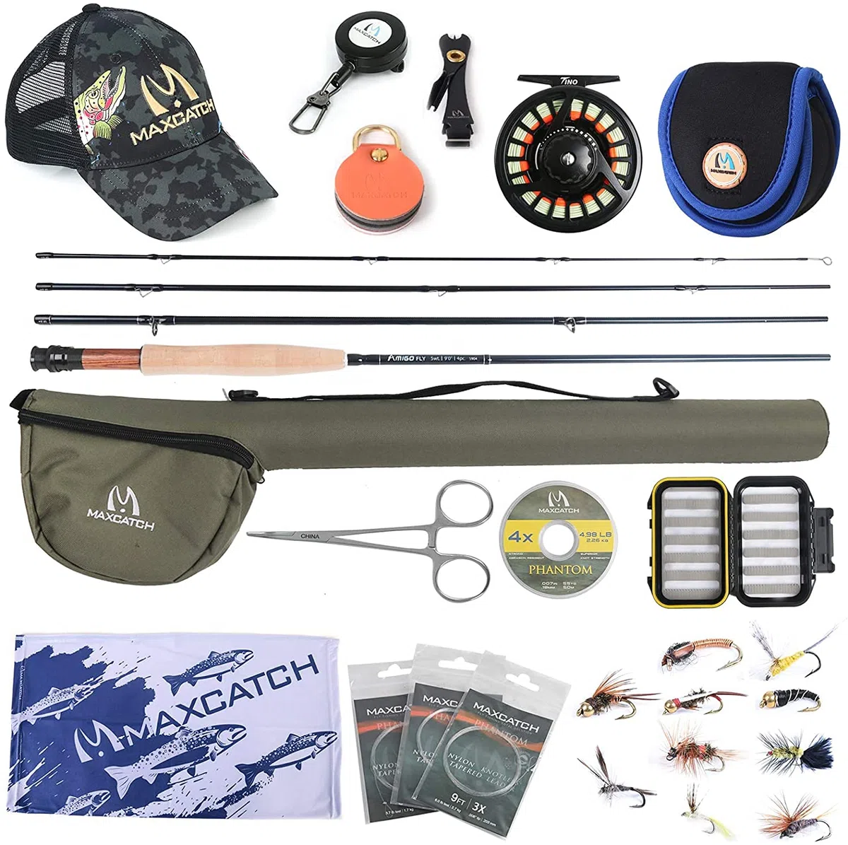 maximumcatch Amigo Fliegenfischen Rute und Rolle Set 9FT 4 Teile 4/5/6/7/8 WT mit Fliegenfsichen Zubehör