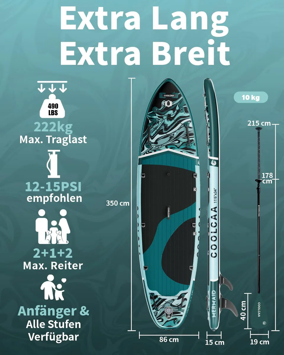 COOLCAA SUP Board, 355cm (Extra Groß) Stand Up Paddling Board, Aufblasbares Stand-Up Paddle Board mit 86cm Extra Breit, Fishing Paddleboard mit Zubehör & Tragetasche für Adults, 222 kg