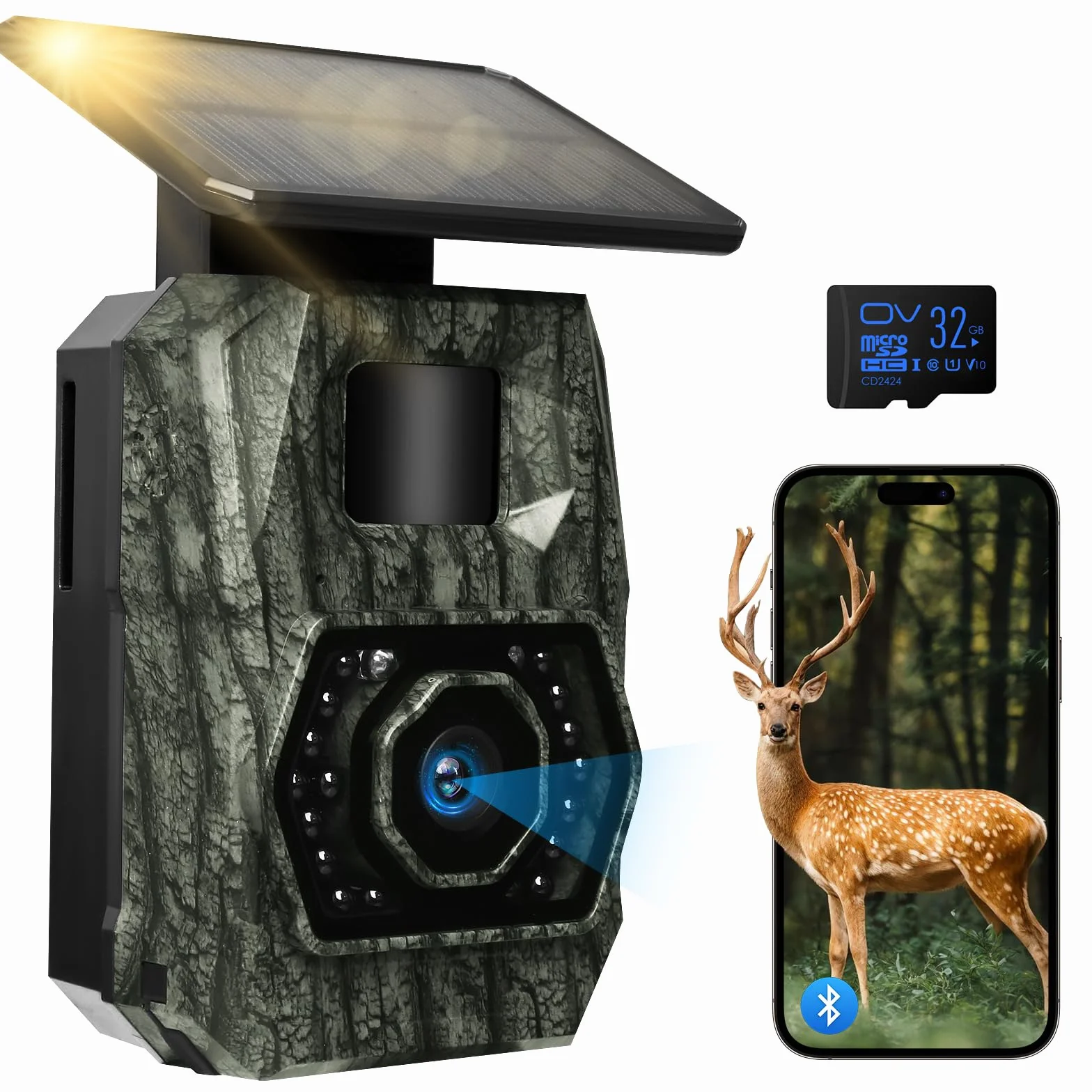 Wildkamera WLAN mit Handyübertragung App, 4K 64MP Solar Akku 5200mAh Bewegungsmelder Nachtsicht 0,1s Auslösezeit Bluetooth IP66