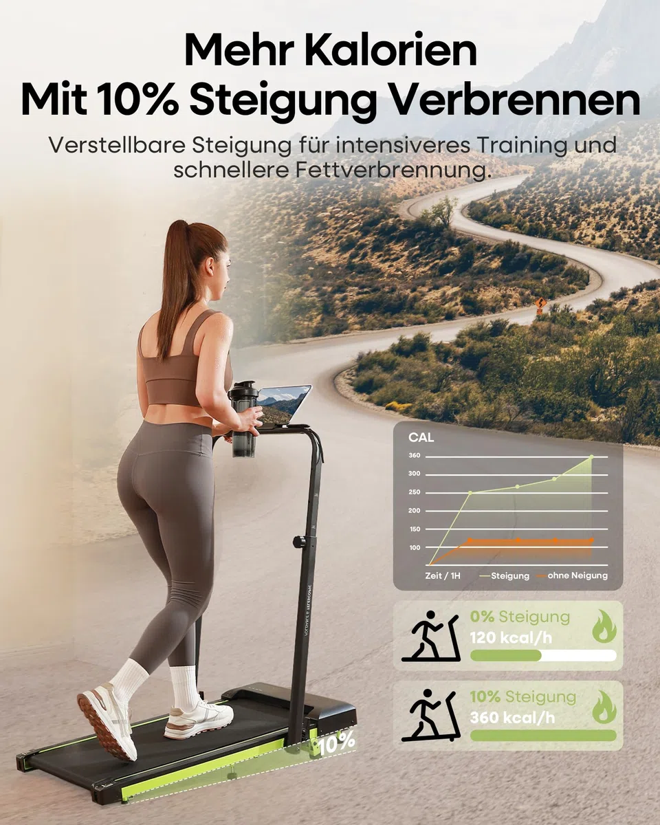 Walking Pad mit 10% Steigung 3,0 HP Laufband für Zuhause klappbares mit Magnet Fernbedienung,Laufband-Schreibtisch mit LED-Anzeige und Einziehbares Steigrohr,12 HIIT,Bis 136 kg