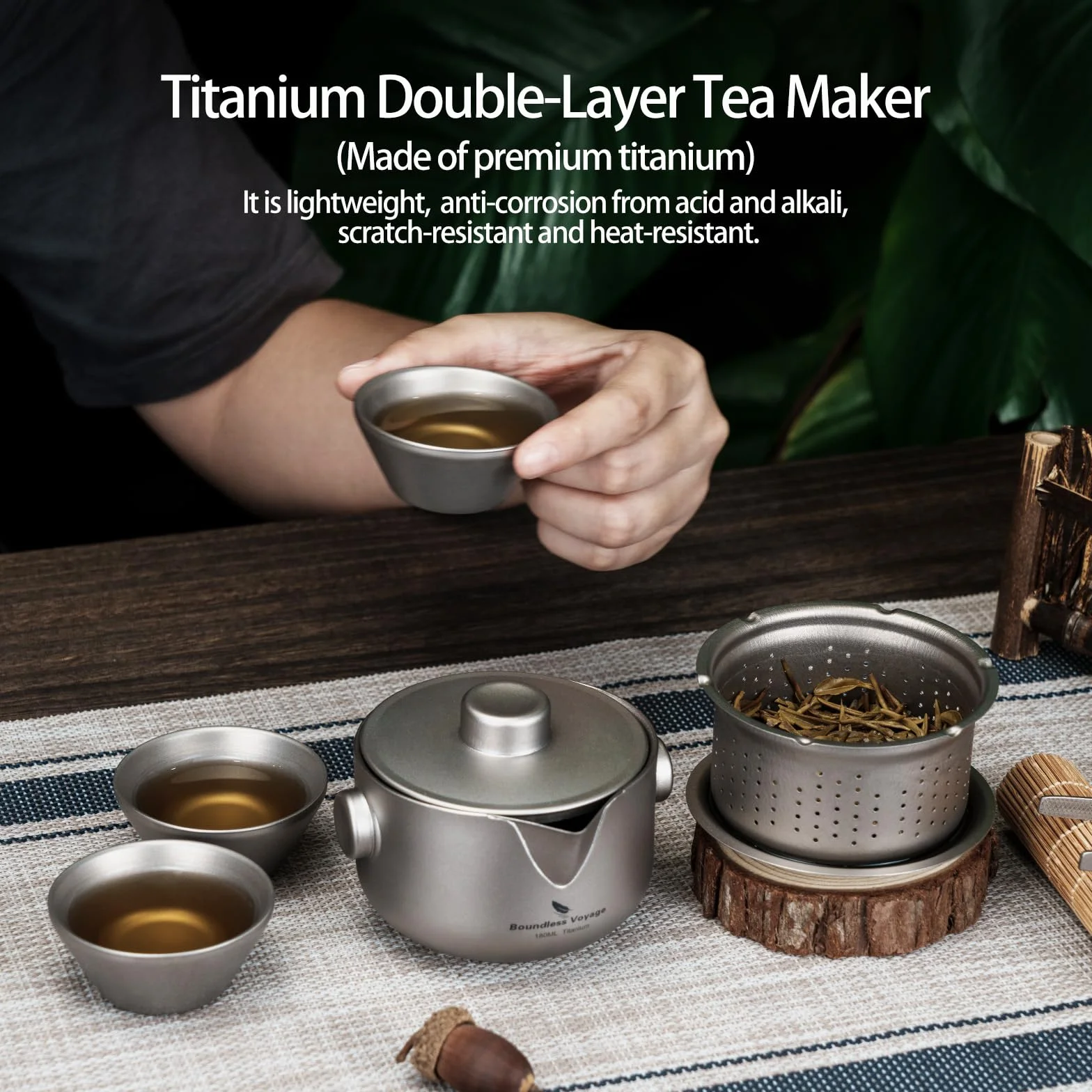 Boundless Voyage Doppelschichtiger Teebereiter aus Titan mit Filterdeckel, ultraleichte Teekanne, Verbrühschutz, Kaffeetasse, Trinkgeschirr für Camping, Reisen, Büro (Ti3136D-Teekanne)