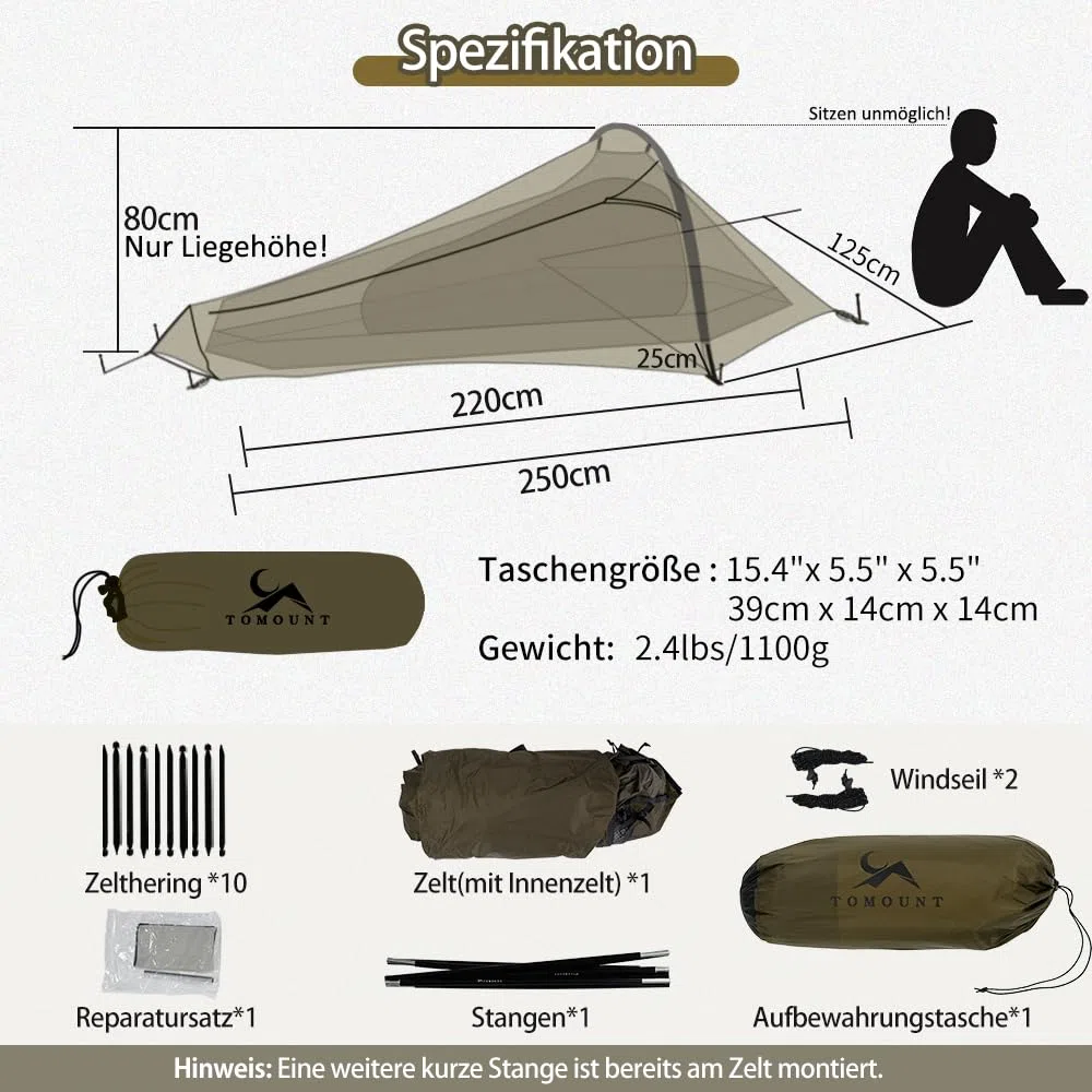 TOMOUNT Bivy Nylon Zelt Ultralight 1 Person wasserdichtes Biwaksack kleines Packmaß Trekkingzelt EIN-Man Zelt für Trekking, Camping, Outdoor, Klettern mit Rucksack