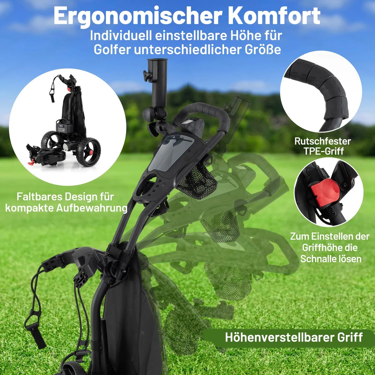 GYMAX Golftrolley Elektrisch, Faltbarer Golfwagen mit 9 Geschwindigkeiten, verstellbarem Lenker, Digitalanzeige & Drehrad-Steuerung, Golf Cart Elektro mit 3 Rädern, leicht