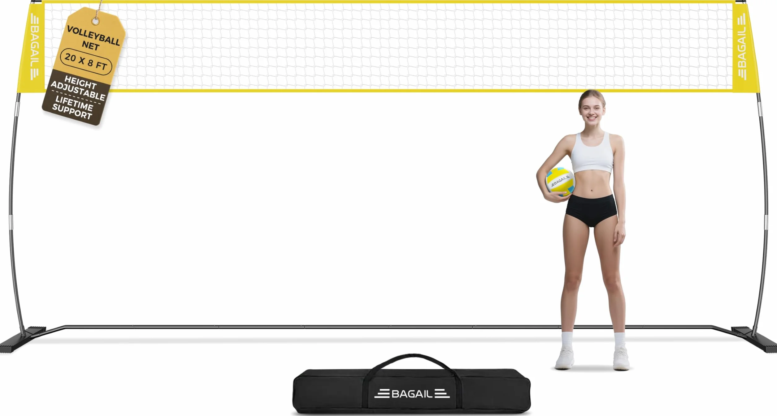 BAGAIL Volleyballnetz, 3.6m/6.1m Volleyballnetz für den Garten - Verstellbare Höhe, Heavy-Duty-Rahmen, Freistehendes Design - Tragbares Outdoor/Indoor-Volleyball-Set mit Tragetasche