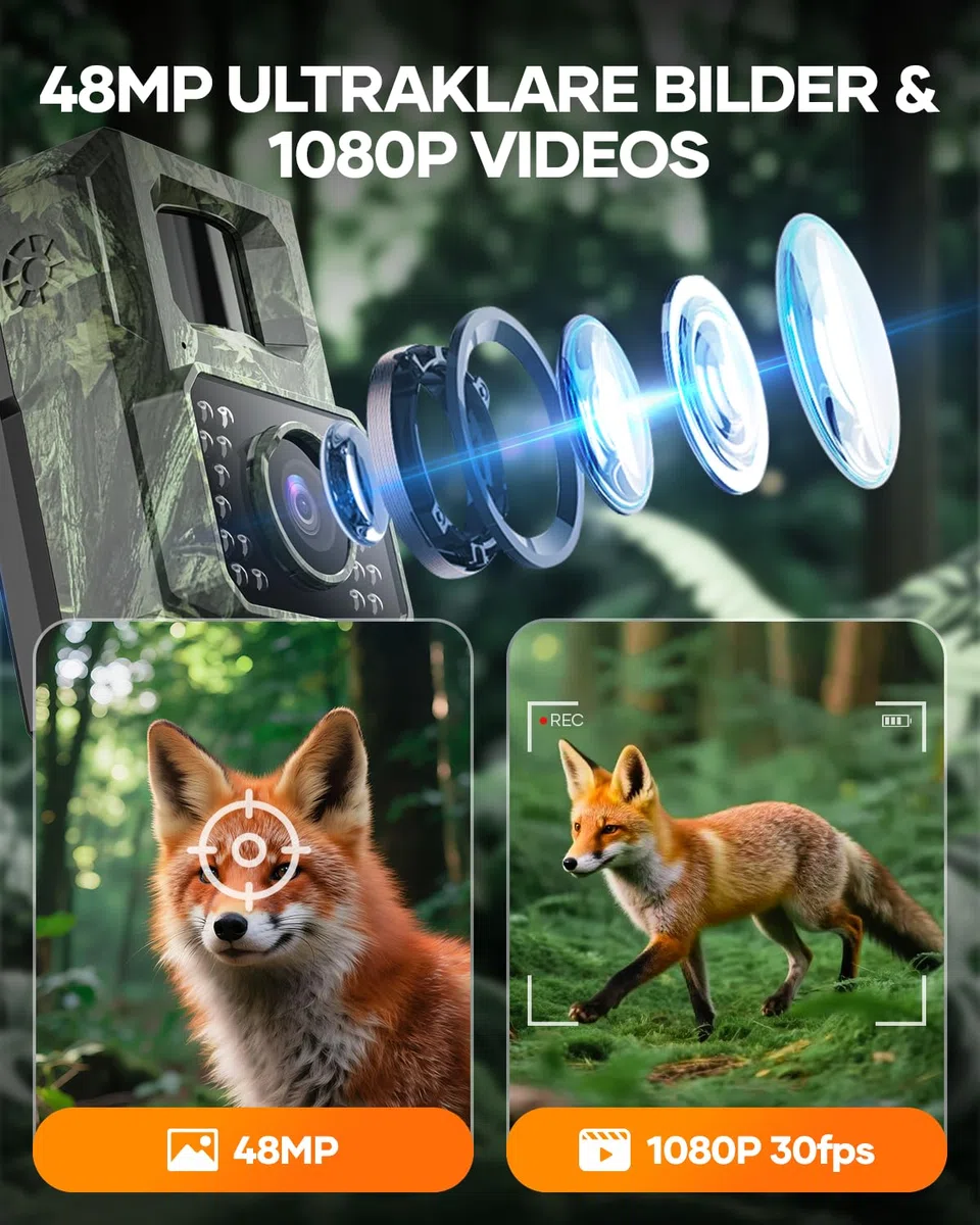 Assark Wildkamera mit Handyübertragungs-App,WLAN Solar Wildtierkamera mit Nachtsicht Bewegungsmelder,48MP 30fps Wiederaufladbare 2000mAh Lithium-Batterie, 0,2S Auslöser, IP66 Wasserdicht