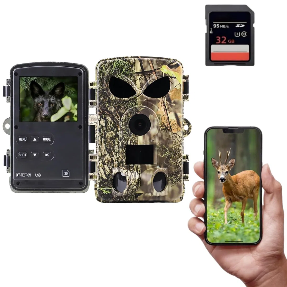 Wildkamera mit Handyübertragung APP, 5K 64MP HD WLAN Bluetooth mit 32GB Speicherkarte, Wildkamera mit Bewegungsmelder Nachtsicht, 0.1s Auslöser, IP67 Wasserdicht, 130° Weitwinkel