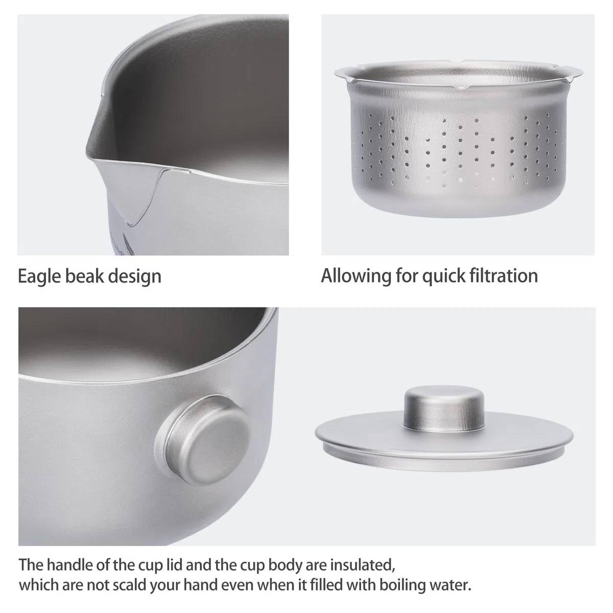 Boundless Voyage Doppelschichtiger Teebereiter aus Titan mit Filterdeckel, ultraleichte Teekanne, Verbrühschutz, Kaffeetasse, Trinkgeschirr für Camping, Reisen, Büro (Ti3136D-Teekanne)