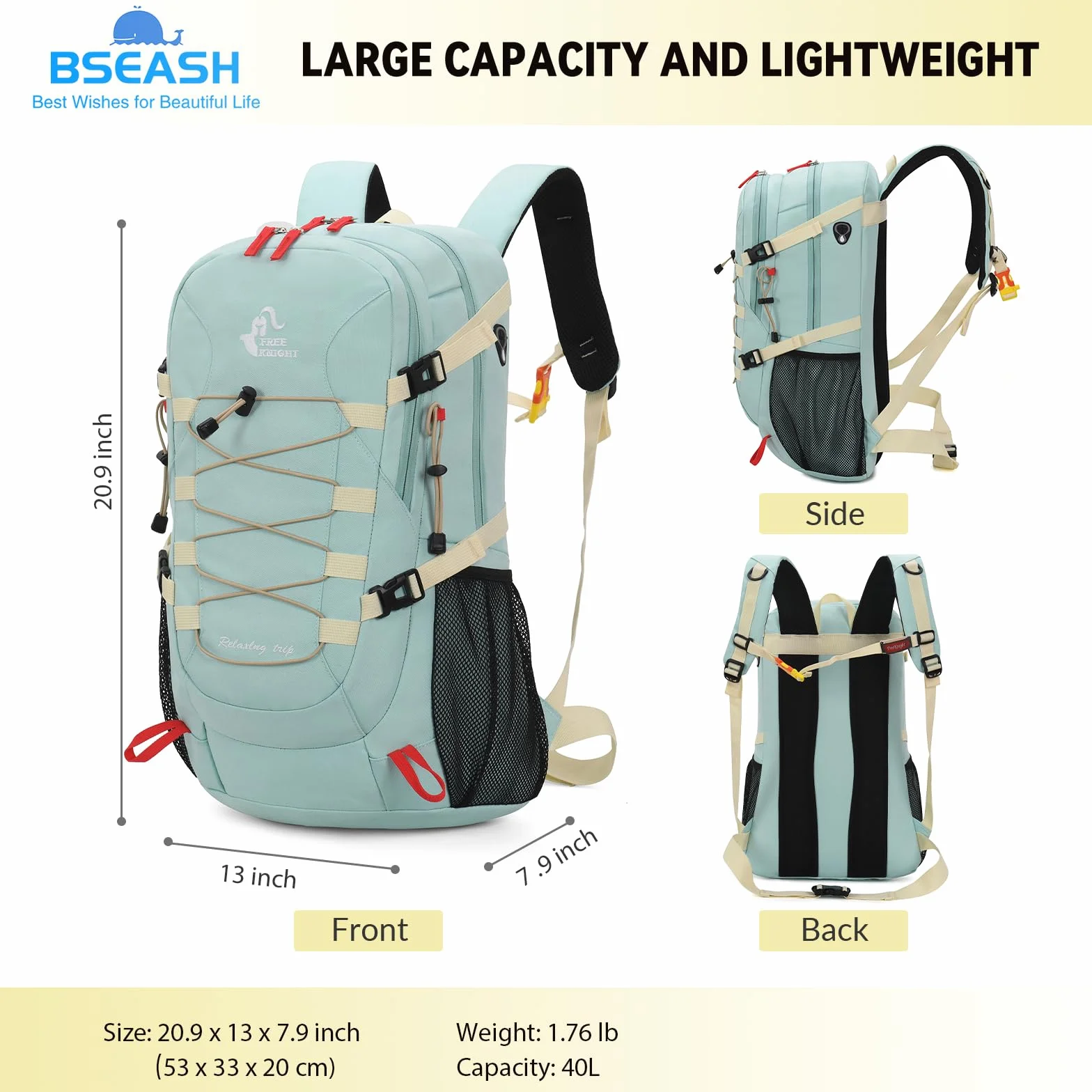 Bseash 40L Leichter wasserdichter Wanderrucksack mit Regenschutz, Outdoor Sport Reise Tagesrucksack Multifunktions Reisetasche für Camping Klettern Skifahren Radfahren (Milch Grün)