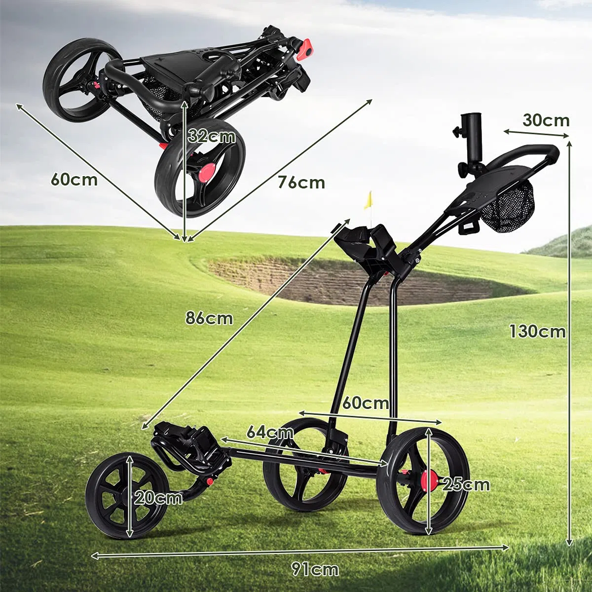 GOPLUS Golf Trolley, Golfwagen klappbar mit 3 Rad & verstellbarem Handgriff, Golf Cart leicht mit Hinterradbremse, Golf Caddy inkl.Trinkflaschenhalter, Schirmhalter & Netztasche, Schwarz