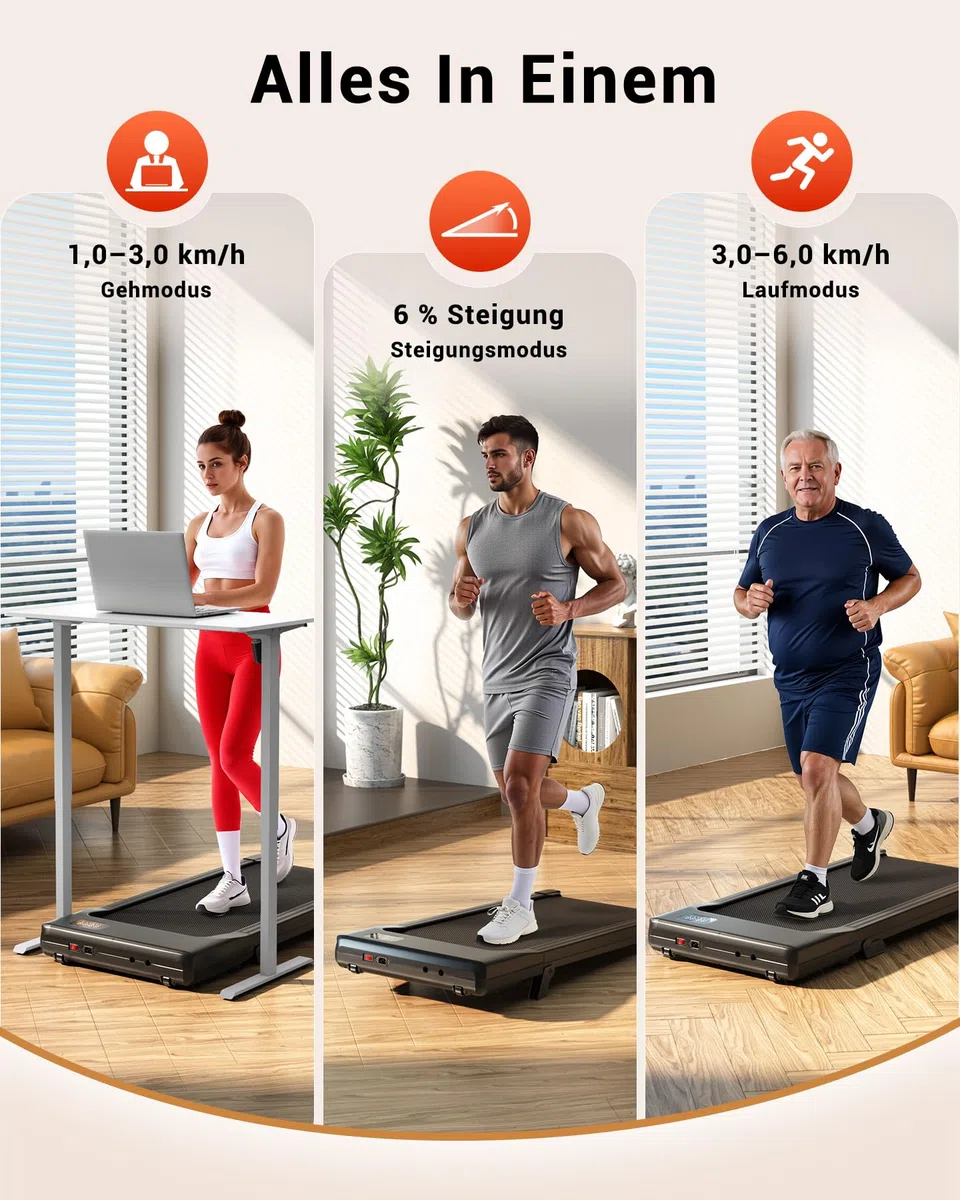 Superun Walking Pad mit Steigung 6%, Laufband für Zuhause mit App max 6km/h und 12km/h Version, Schreibtisch- Laufband bis 136 kg Belastbar mit Multiplayer-Rennen und Trainingskurse Erlebnis vor Ort