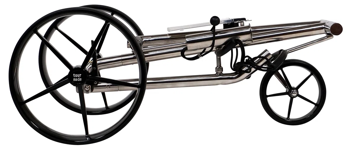 tour made HC3X Premium Golf Pushtrolley I klappbar & zerlegbar I 3 Rad | edles Design I manueller Golftrolley aus Edelstahl I inkl. Transporttasche, Schirm- & Scorehalter I Deutsche Markenqualität