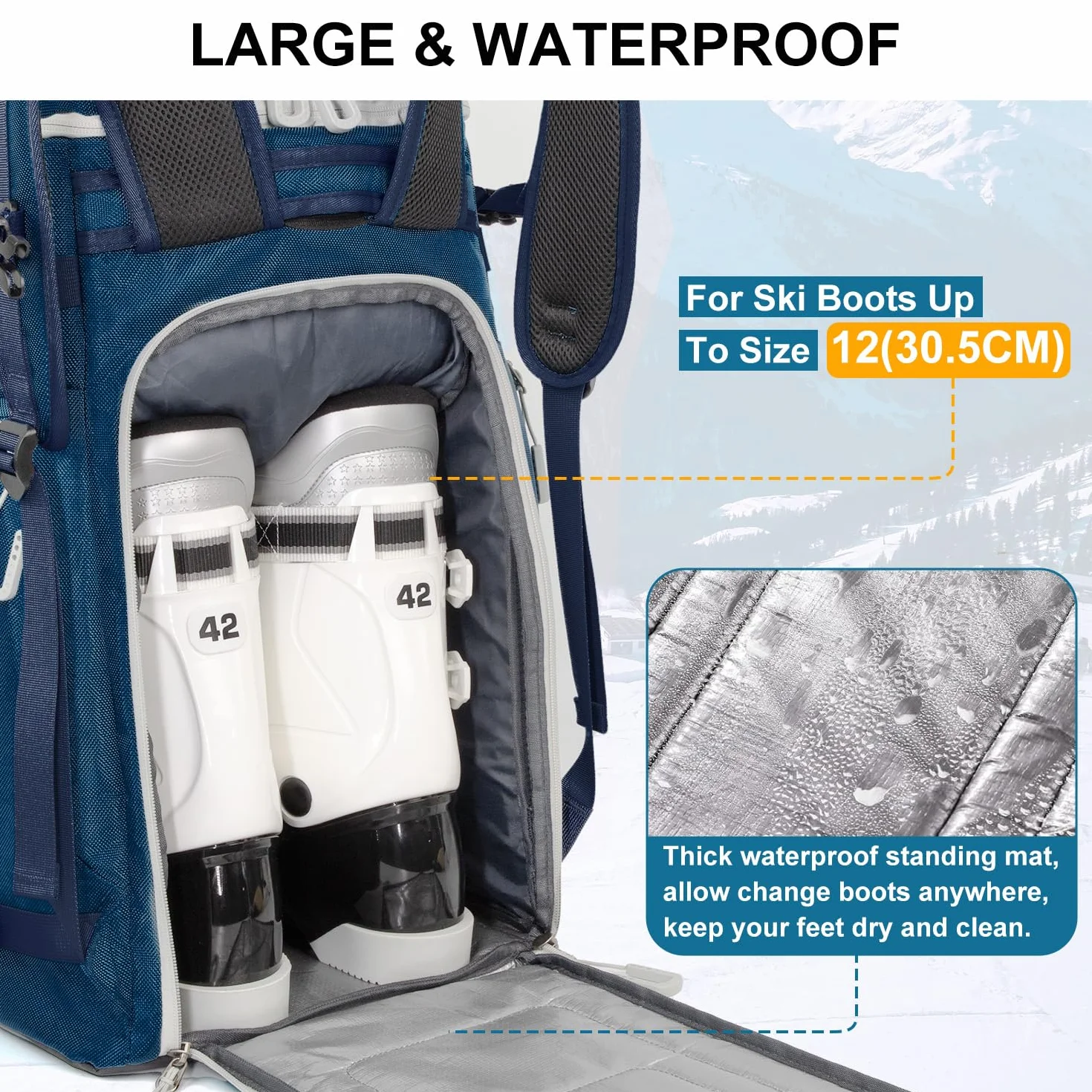 Skischuhtasche mit Helmfach, 65L Skirucksack Skischuhrucksack mit Ski Helmtasche, Wasserdicht Skitasche Skisack für Skistiefel, Schlittschuhe, Skibrille, Snowboard, Skihandschuh