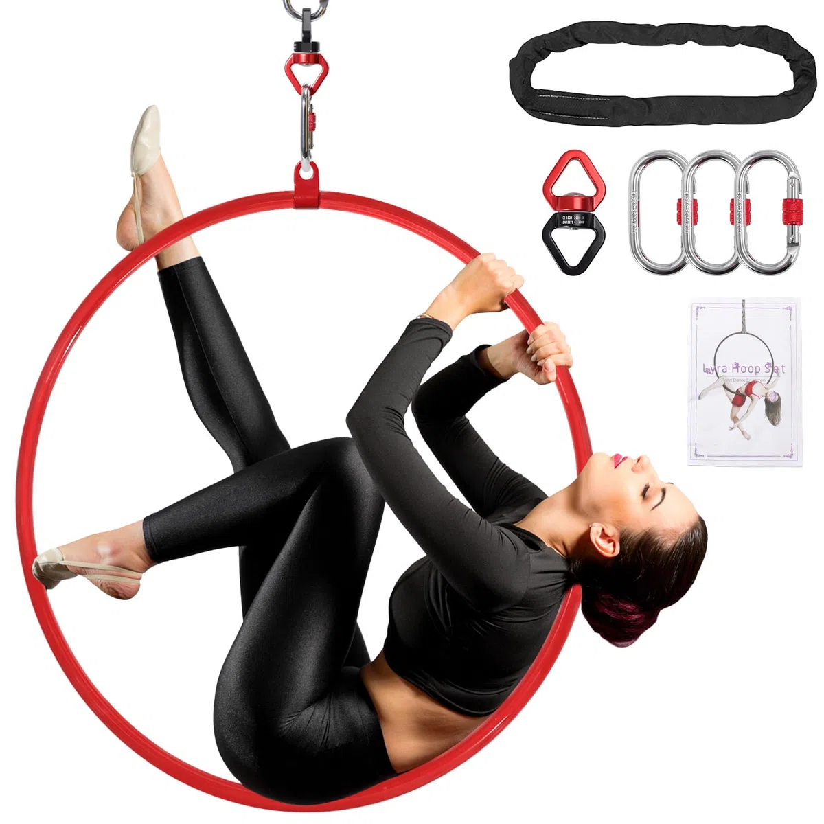 DASKING Aerial Hoop mit ZubehöR Aufbewahrungstasche - Hochwertig Rot 85/90 cm Lyra Hoop Aerial Yoga Set füR Tanz Kunst Yoga Zirkus Luftring Akrobatik, 2 Tonnen-Sicherheitssystem Aerial-Hoop