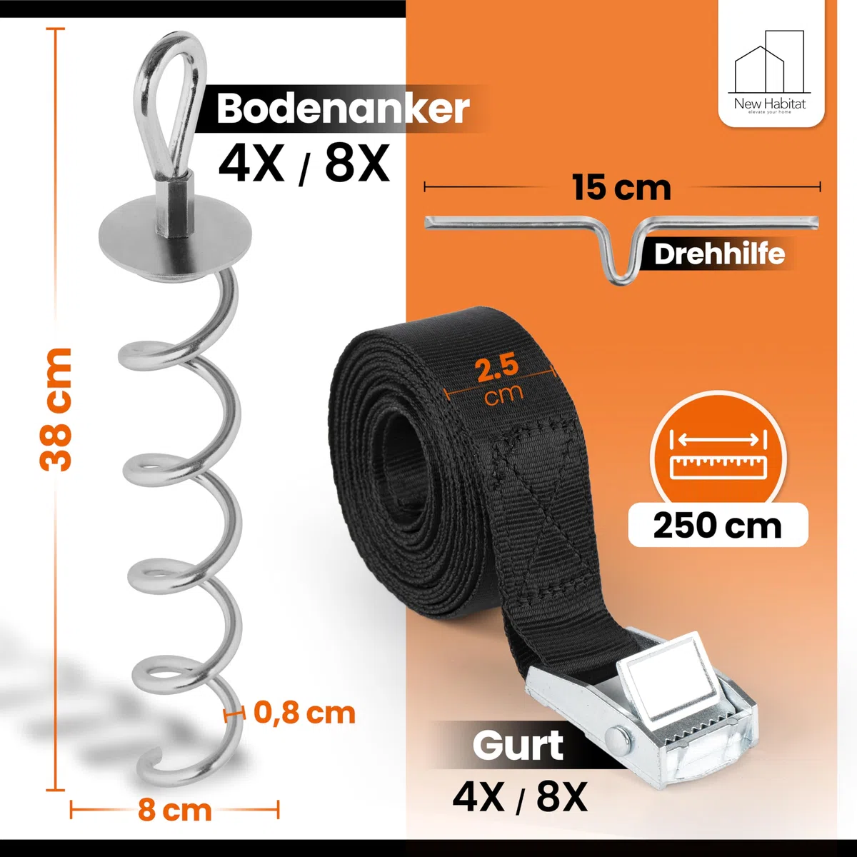 NewHabitat | 8X Erdanker Bodenanker aus Stahl inkl. Gurte | Erdanker Set für Trampolin, Zelt, Pavillion & Schaukel, 18-teiliges Set, 38cm