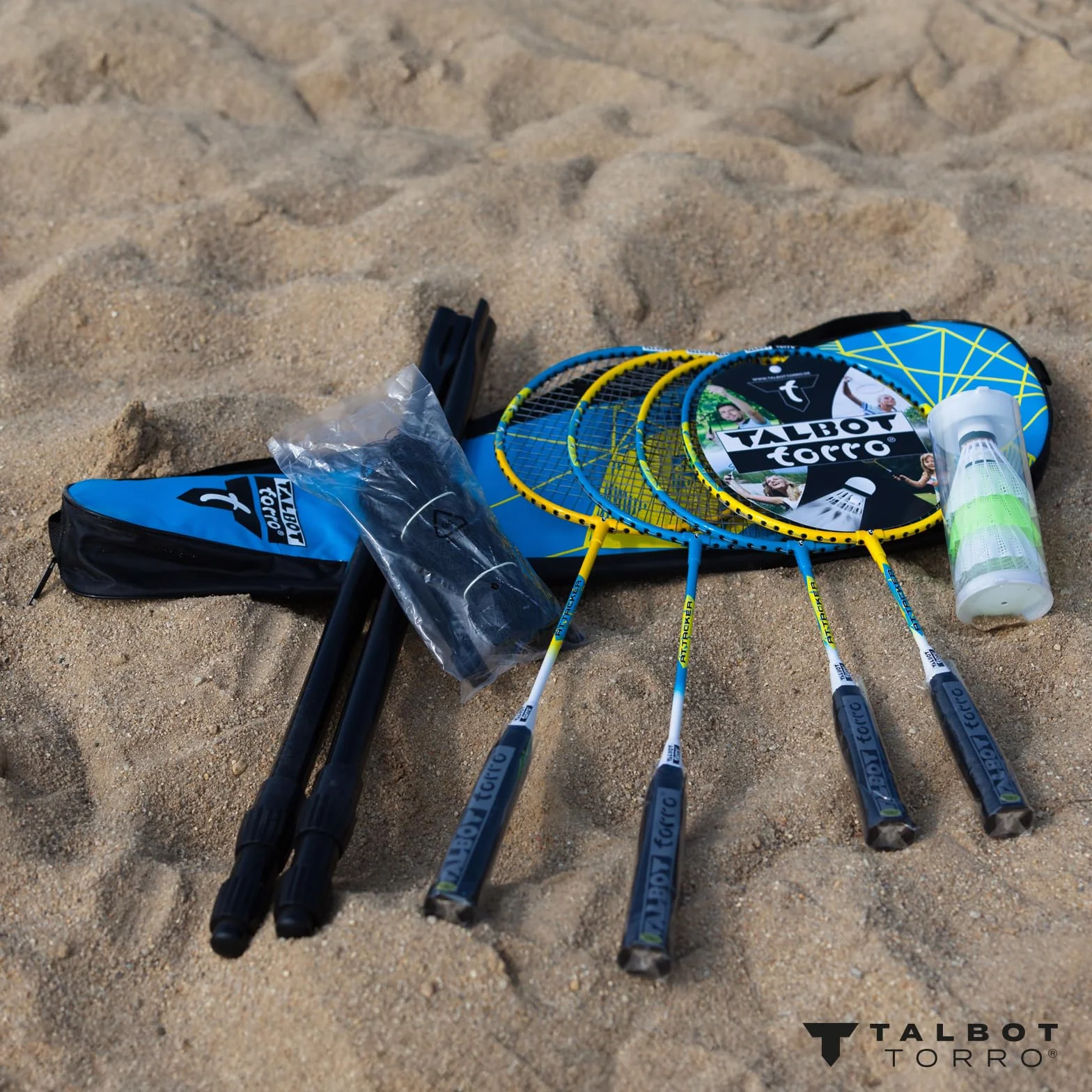 Talbot-Torro Badminton-Set Family, Komplettset mit 2 Juniorschläger 53 cm, 2 Standardschläger, 3 Federbälle, höhenverstellbare Netzgarnitur, in wertiger Tasche