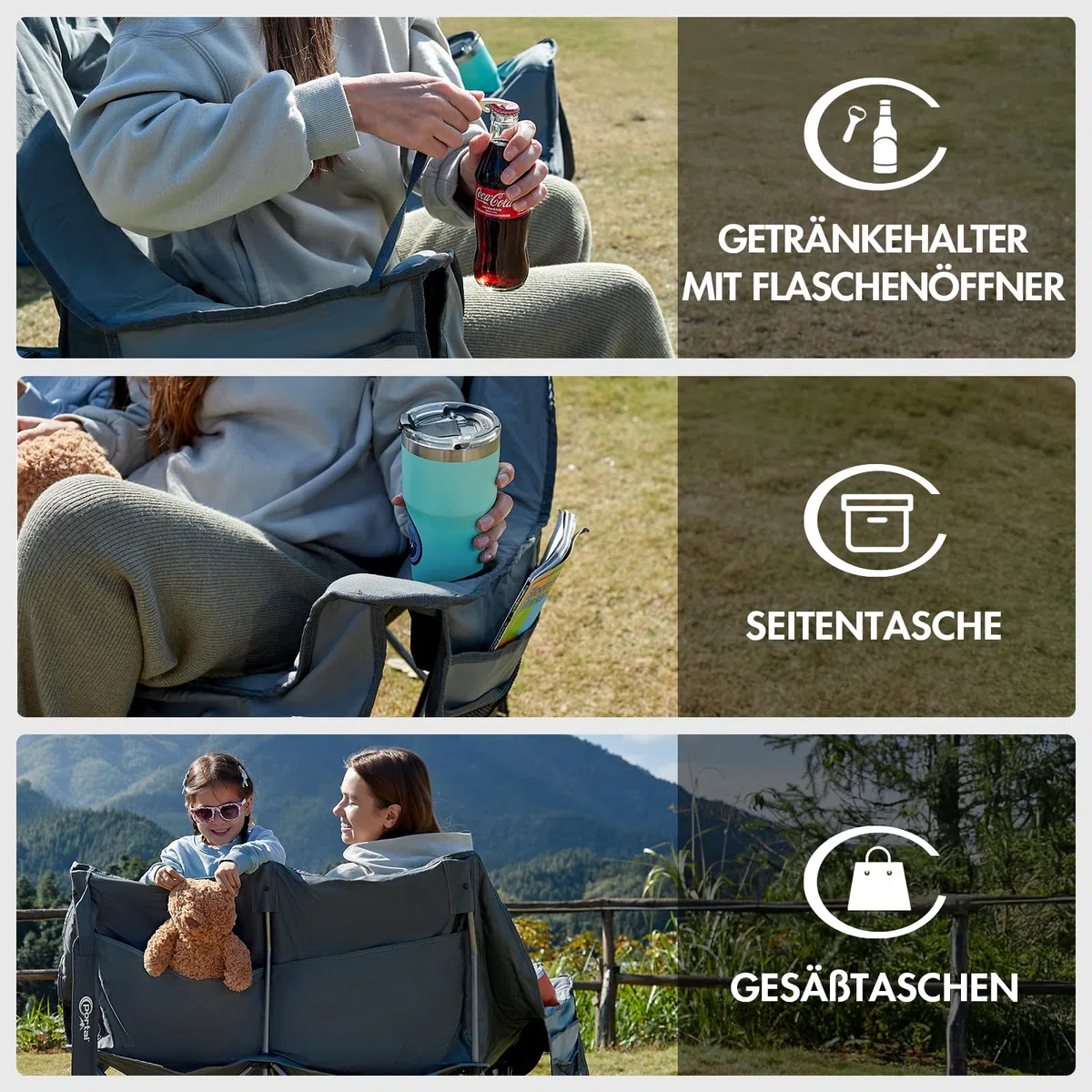 Portal Campingstuhl faltbar Campingsofa für 2 Personen 272kg belastbar Super Weich mit Lagerungstasche Doppel Klappstuhl Faltsofa Dick Gepolstert Hohe Rückenlehne für Outdoor Garten Balkon