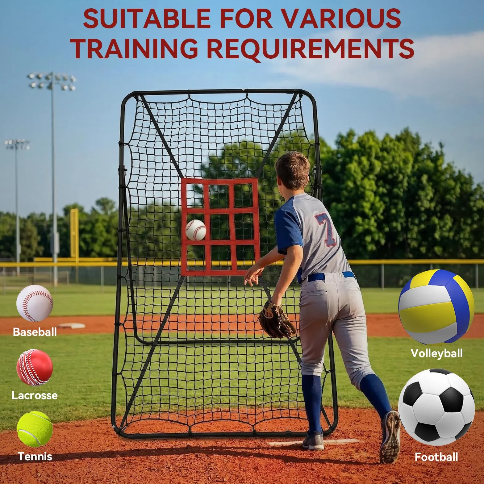 Volleyball Rebounder Netz 215x117cm Volleyballnet Tennis rebounder Volleyball-Trainingsgerät mit Schlagzone für Lacrosse Baseball Verstellbares Volleyballnetz Hinterhof