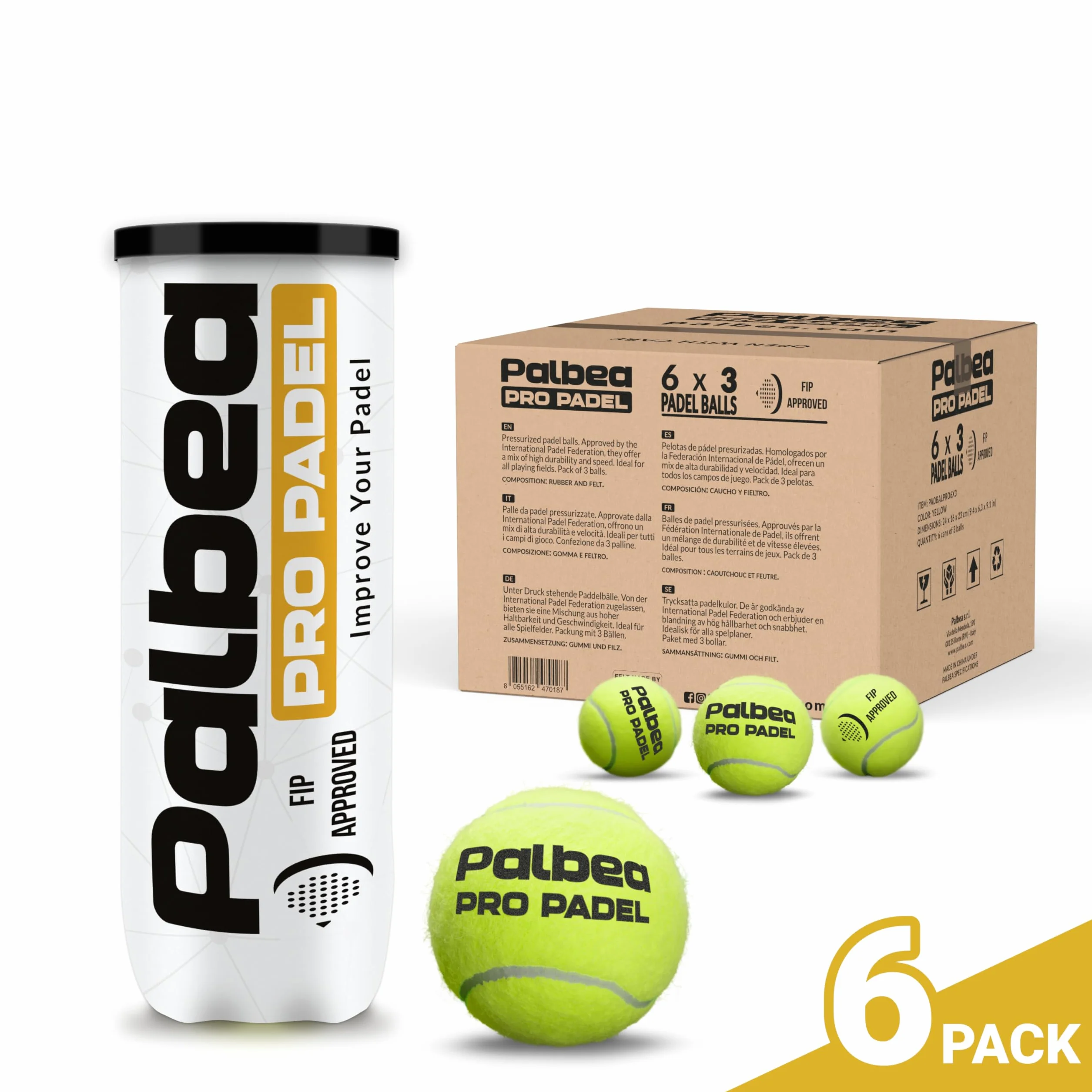 Palbea PRO Padel - FIP Zugelassene Padelbälle - 1 Karton x 6/9/12/14/20/24 Röhren - Padel Bälle mit HV Filz für Hohe Sichtbarkeit. Premiumqualität. Für Training und Turniere. Langlebig und Schnell.
