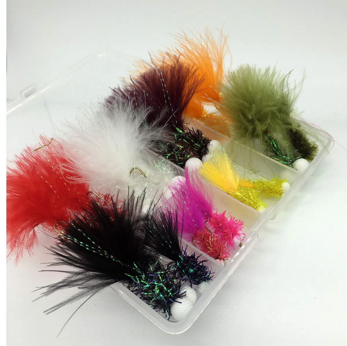 Fliegenfischen Booby und Poly Foam Köpfe, 16 Fliegen-Set in Clip-Box