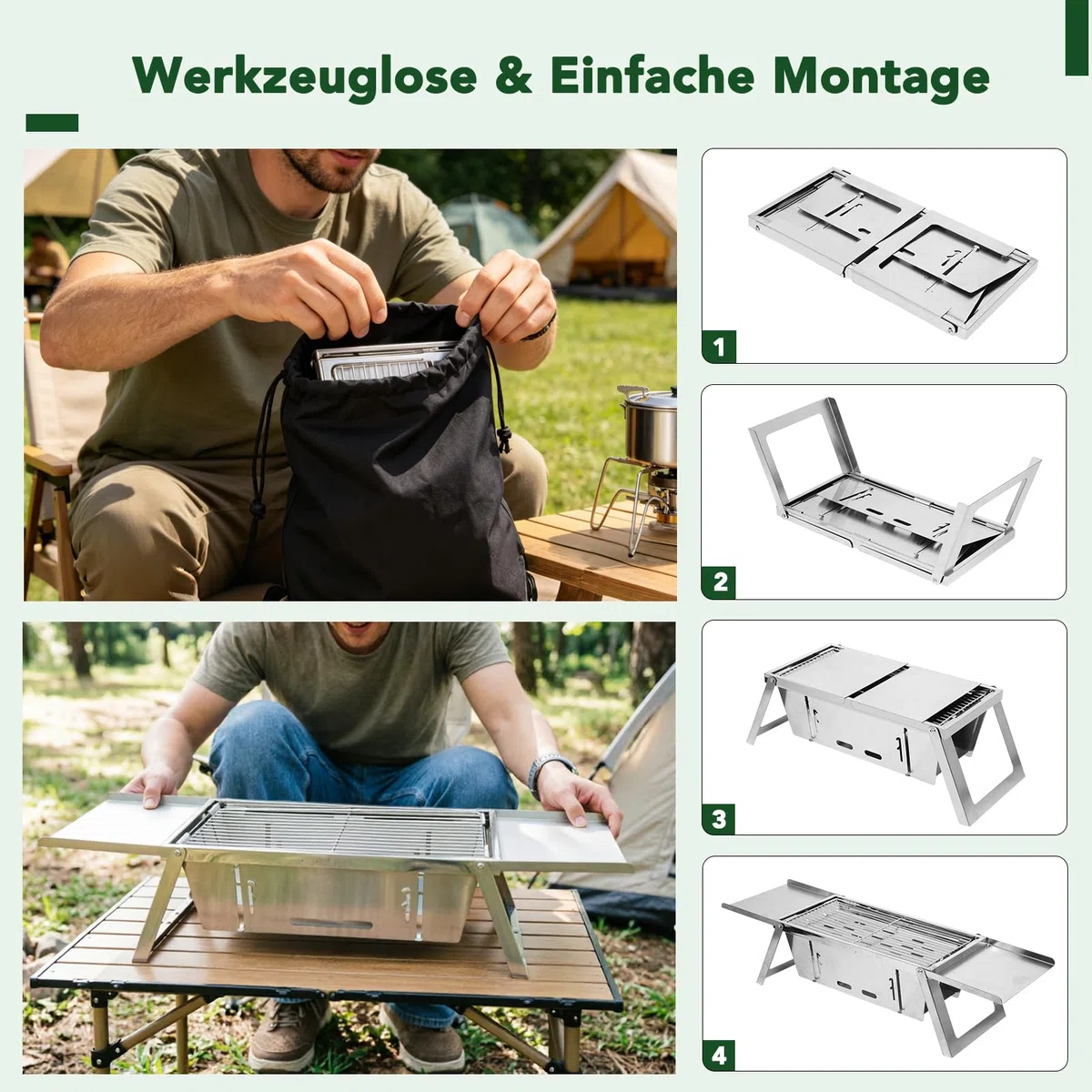 E EASTSTORM Camping Grill, Klappgrill Holzkohlegrill mit 3-stufiger Hitzeverstellung, Mini Tischgrill für 3-4 Personen, Ideal für Garten, Balkon, Strand & Reise, leicht zu Reinigen, 54x21x17.5cm