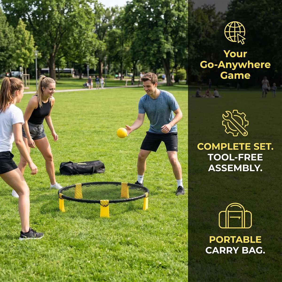 Profi Roundnet Set für Draußen Stabiles Outdoor Spieleset für Garten und Strand Tragbares Ballspiel für Erwachsene und Kinder inklusive Netz 2 Bälle Pumpe und Tasche Gelb
