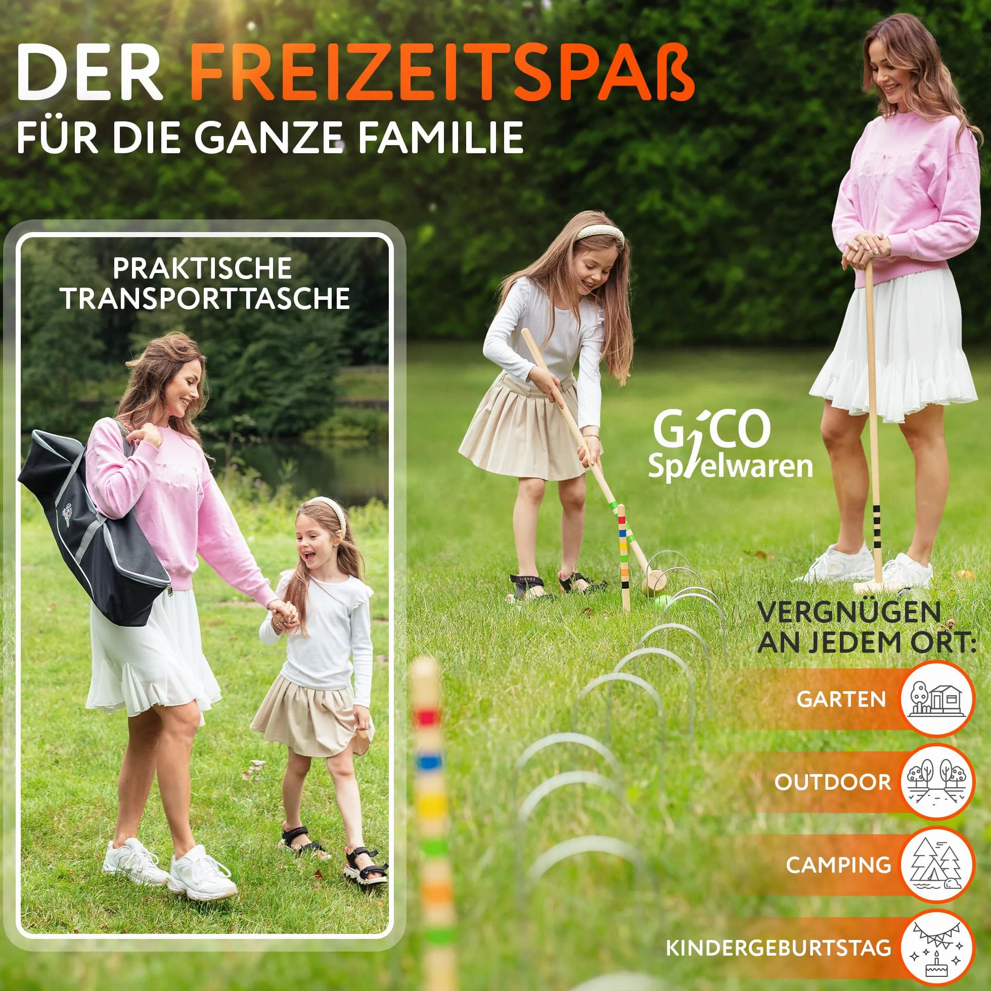 Qualitäts Krocketspiel / Krocket / Crocket für 6 Spieler (100 cm Erwachsenengröße) mit Transporttasche - Spiel gut (Auszeichnung) - Qualitätsware aus Massivholz für die ganze Familie -Made in EU-3246