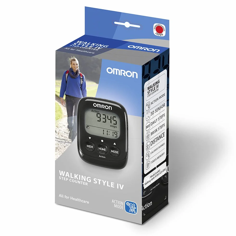 Omron Walking Style IV Schrittzzähler, schwarz, 3D Sensor für genaue Messung, misst aerobe Schritte, Distanz, verbrannte Kalorien; mit Speicher, Action Modus und großem Display, einfache Anwendung