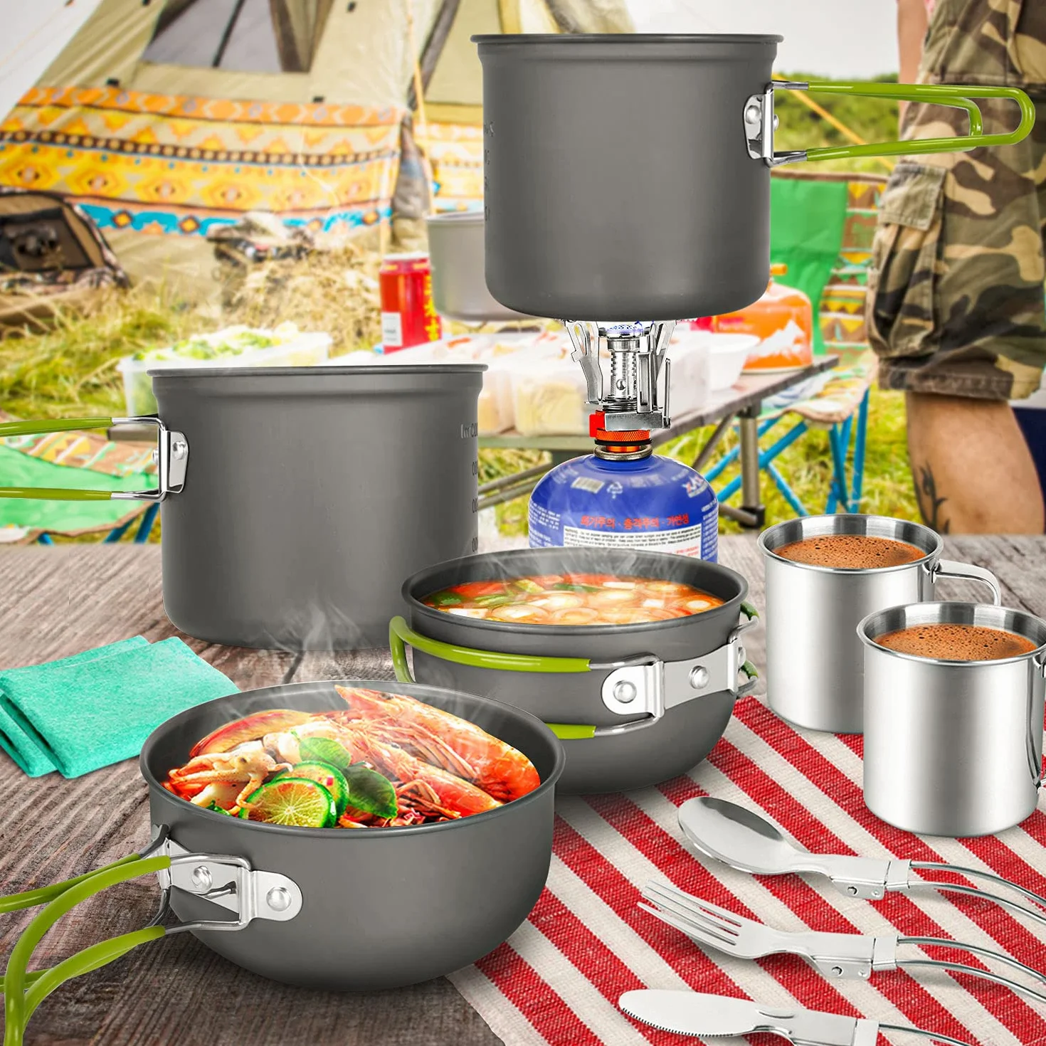 Odoland Camping Geschirr Set 16 PCS für 2 Personen Outdoor Kochgeschirr aus Aluminium und Edelstahl Camping Töpfe Becher Faltbare Besteck Mini Campingkocher für Outdoor Geschirr Picknick Wandern