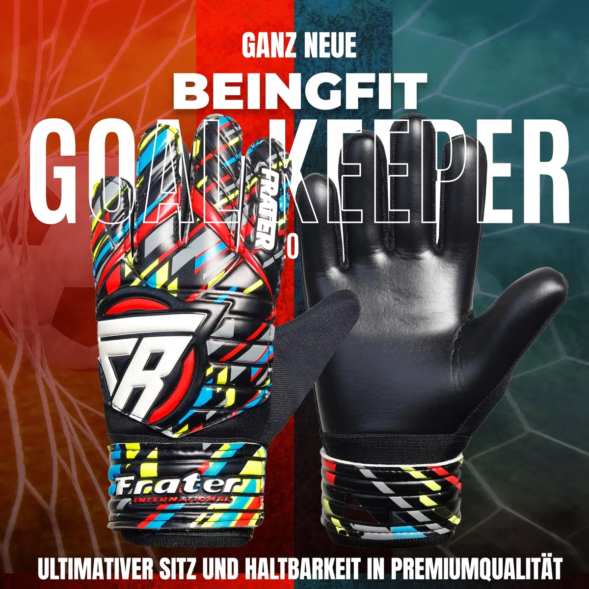 Torwarthandschuhe Herren & Kinder - Fußball Handschuhe 4mm Latex (Schwarz/Rot, Größe 5, geeignet für 9-12 Jahre)