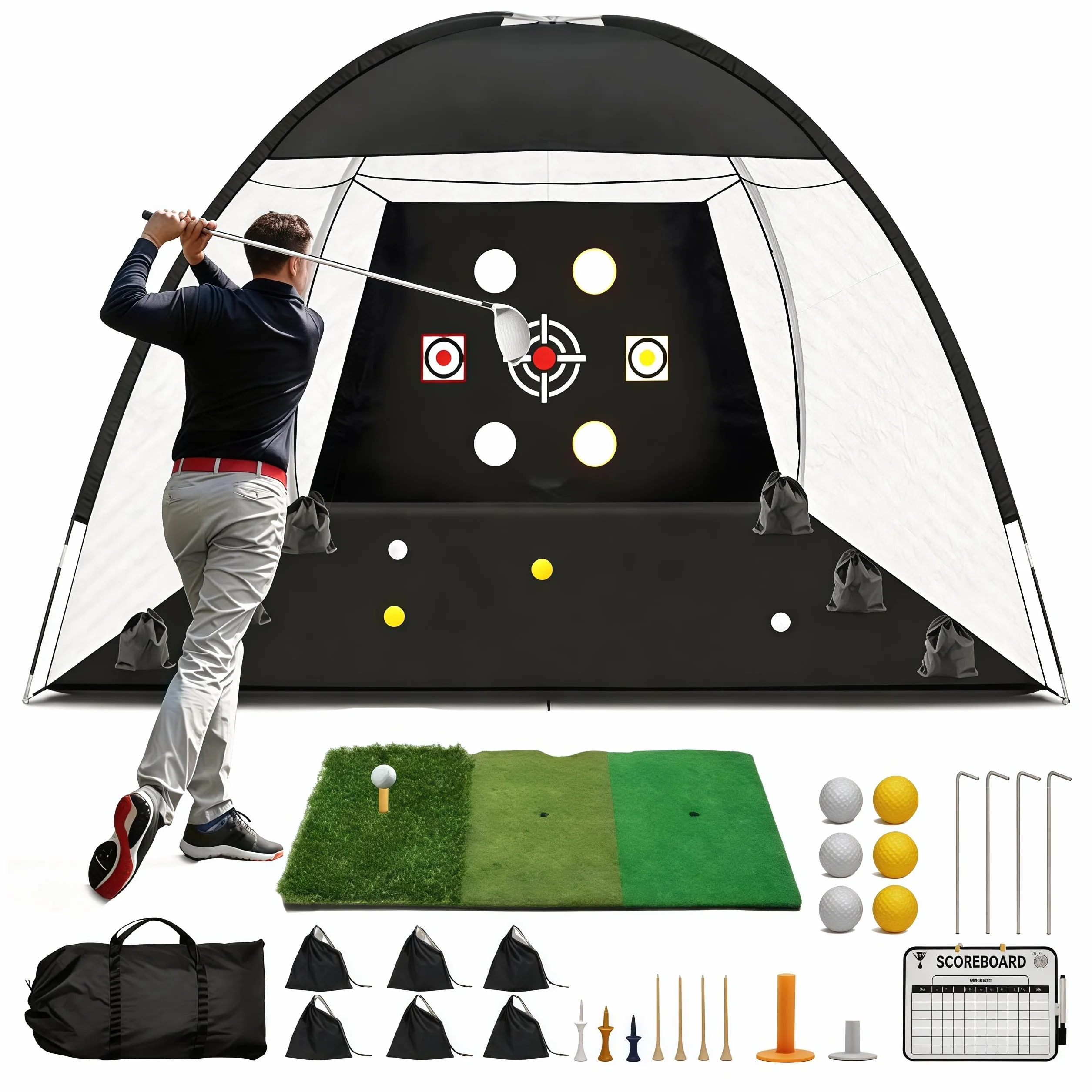 Golf Übungsnetz, 300 x 200 cm Golf Chipping Netz für Indoor und Outdoor Golf Trainingshilfen mit Rasenmatte Golfbälle Tees Sandsack Haken Zähler und Tragetasche für Training im Innen- und Außenbereich