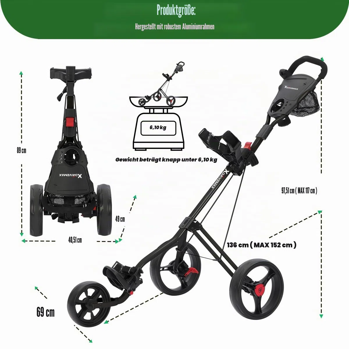 XDriveMax Golf Trolley 3 Rad,Golftrolley Klappbar,Leichter Golf Trolleys für Golfschläger und Golfbag, mit Getränkehalter,Scorekartenhalter und Ablagefach(schwarz)