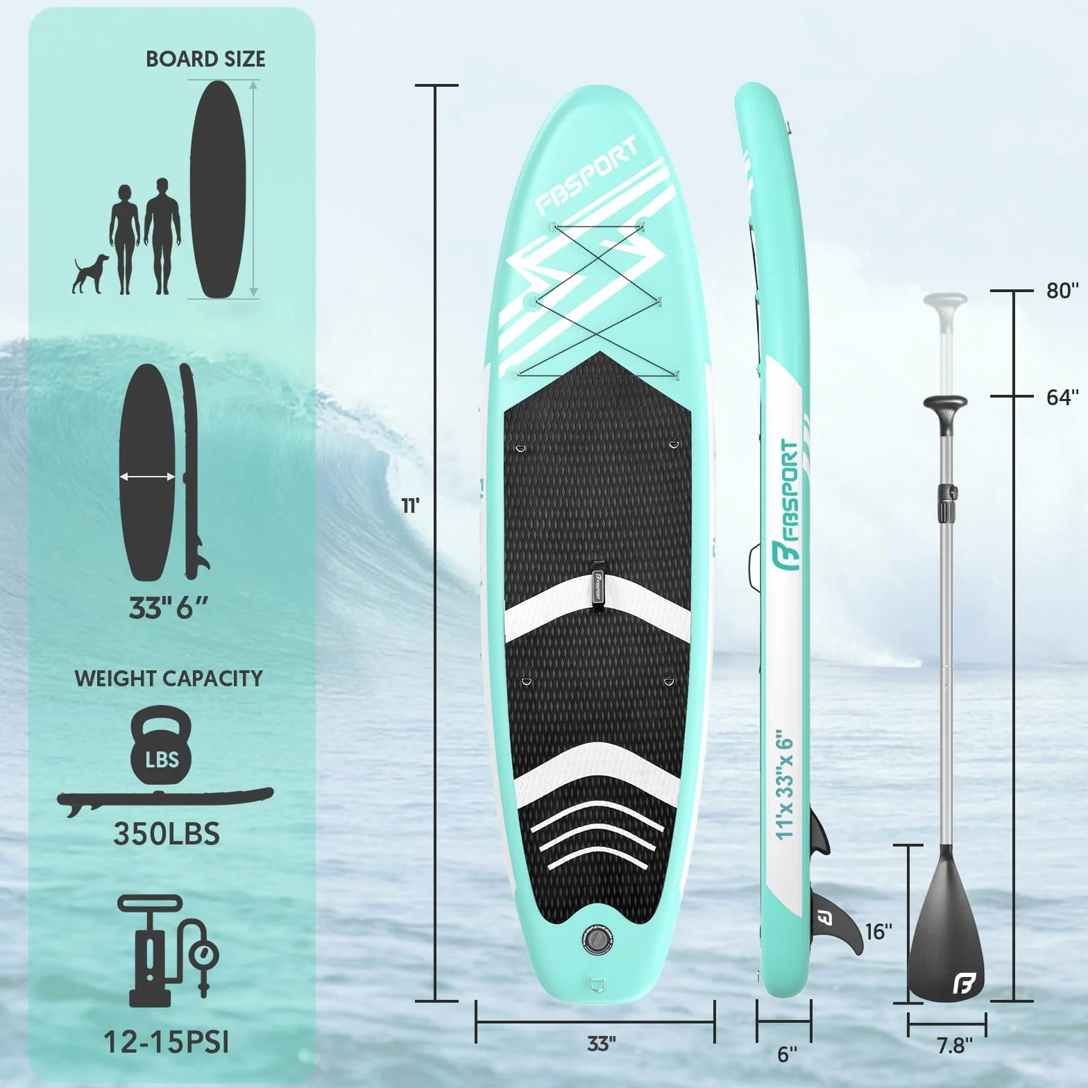FBSPORT Aufblasbares SUP Board, Stand Up Paddling Board, Aufblasbare Stand Up Paddle Board für Stand-Up Paddling 15CM Dick, Surfbrett Kit mit Verstellbares Aluminium SUP Paddel+Pumpe