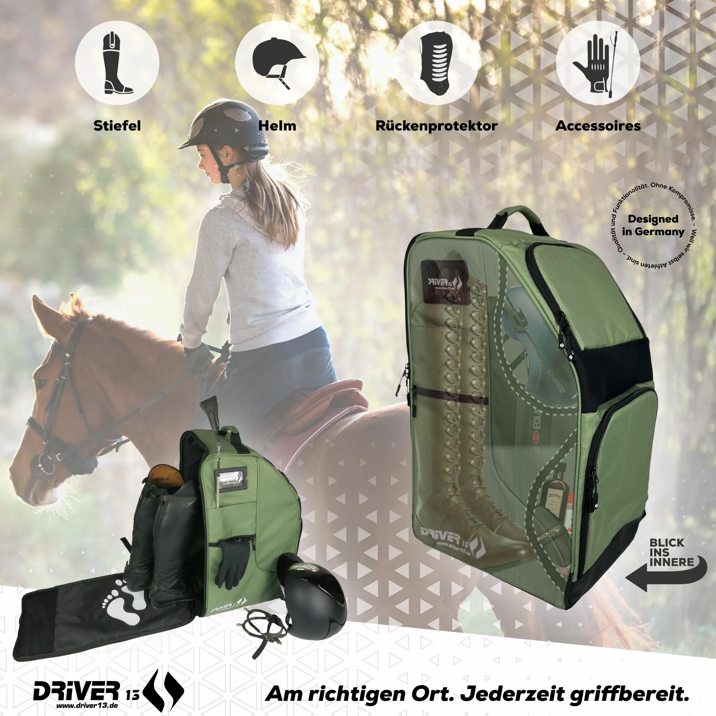 Driver13 Reitstiefelrucksack Deluxe mit Helmfach, Reitstiefeltasche und Stiefeletten Tasche, für Reitstiefel und Zubehör, Farbvarianten