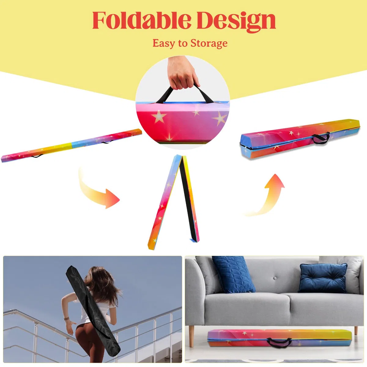 Schwebebalken für Zuhause, 270cm Balken Turnen Klappbar Tragbar für Kinder Erwachsene, Gymnastik Balken Balance Beam mit Rutschfester Gummiboden für Professionelle Turner oder Anfänger