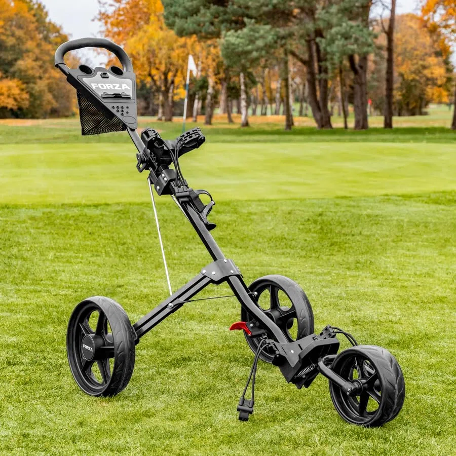 FORZA Golfwagen mit 3 Rädern | Leichter Aluminium Push Trolley mit ergonomischem Griff, Fußbremse & faltbarem Design | Kompakter Golftaschentransport | Optionaler Schirmhalter