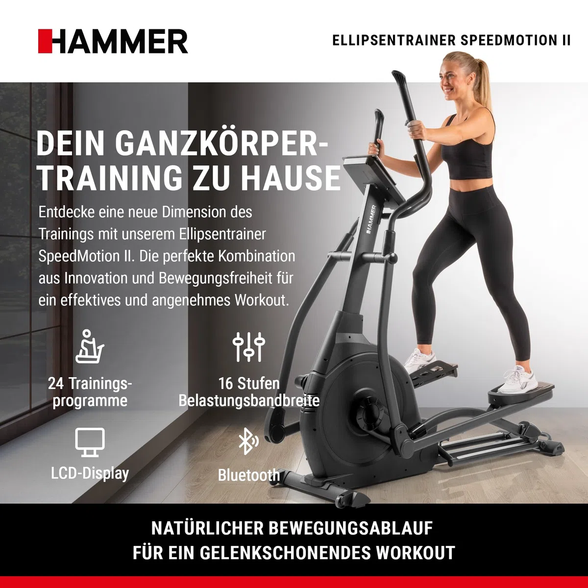 Hammer Crosstrainer Ellipsentrainer SpeedMotion II, 3-fache Steigung, 24 Programme, 18 kg Schwungmasse, Kinomap & Zwift