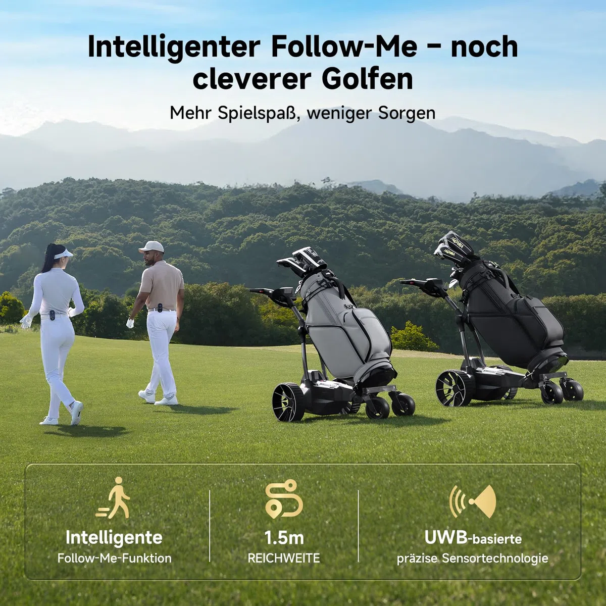 NAVEE Golf Trolley Elektrisch, Electro Golf Trolley Klappbar, Birdie 3X, Follow Me, Lithiumakku für 36 Loch, Dynamische Power-Hilfe mit KI-Steuerung, Dual Motor Bergabfahrbremse, IPX5 viel Zubehör