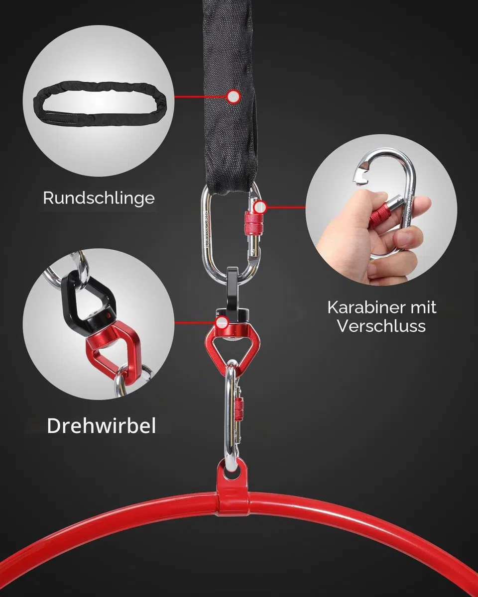 DASKING Aerial Hoop mit ZubehöR Aufbewahrungstasche - Hochwertig Rot 85/90 cm Lyra Hoop Aerial Yoga Set füR Tanz Kunst Yoga Zirkus Luftring Akrobatik, 2 Tonnen-Sicherheitssystem Aerial-Hoop
