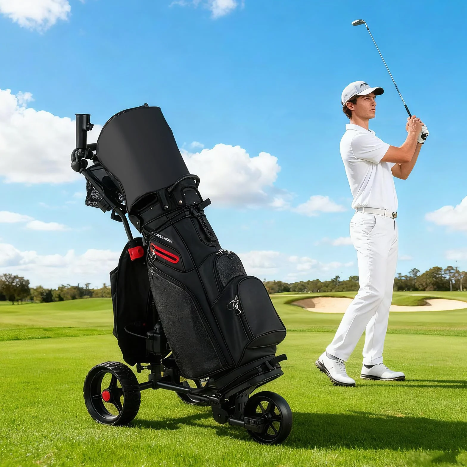 GYMAX Golftrolley Elektrisch, Faltbarer Golfwagen mit 9 Geschwindigkeiten, verstellbarem Lenker, Digitalanzeige & Drehrad-Steuerung, Golf Cart Elektro mit 3 Rädern, leicht