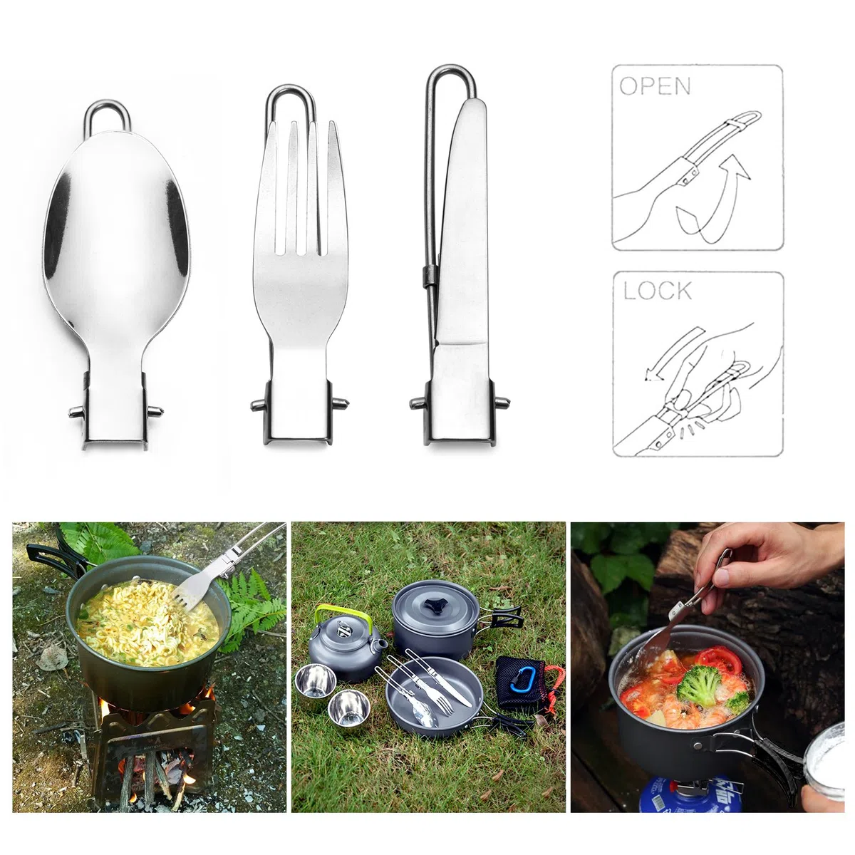Odoland Geschirr-Set für 1-2 Personen, Kochset mit tragbarem Aluminiumtopf Teekessel Tassen faltbares Besteck, für Camping Outdoor Picknick Wandern