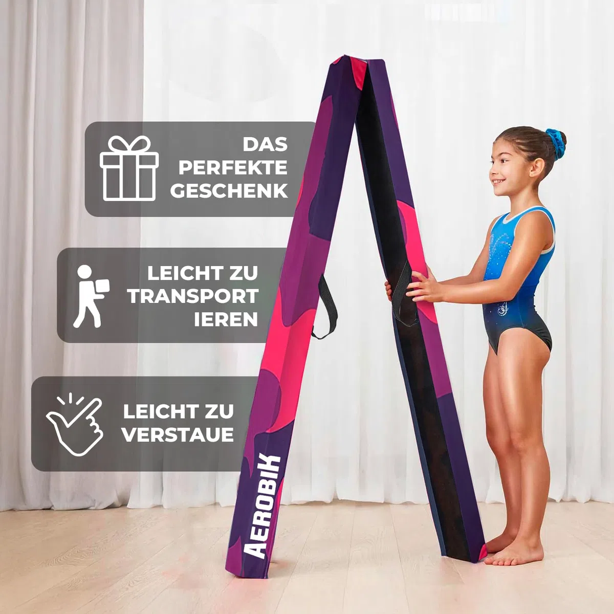 Aerobik | Klappbarer Schwebebalken 240 cm Violett | Stabil, rutschfest & Waschbar | Für Kinder & Erwachsene | Inklusive Gymnastikband | Original Corner