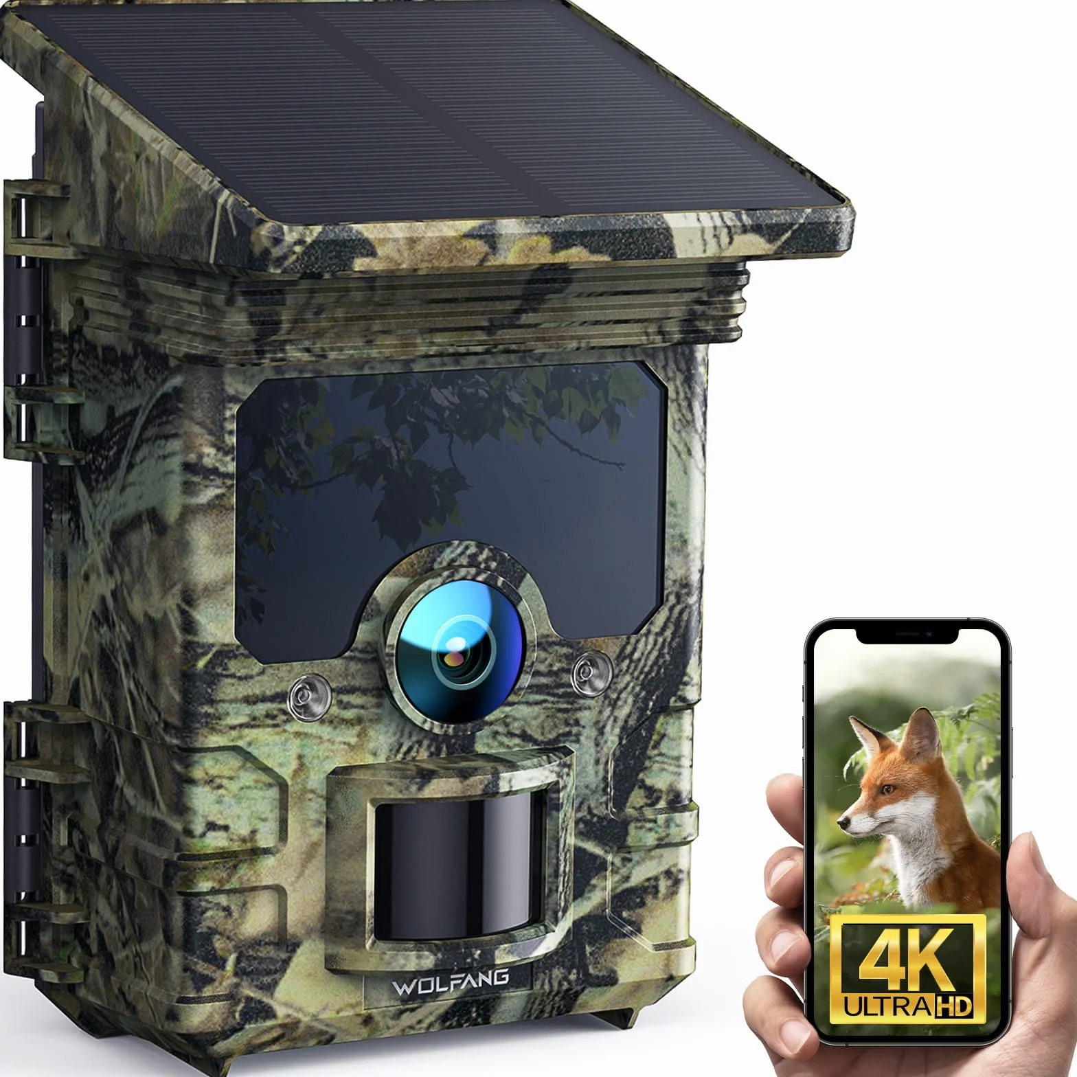 WOLFANG Wildkamera, 4K Solar Video Wildtierkamera, 68MP Full HD WLAN mit Handyübertragung APP, Bewegungssensor, Nachtsicht, IP66, 0.1s Auslösezeit für Wildlife Monitoring mit SD Karte