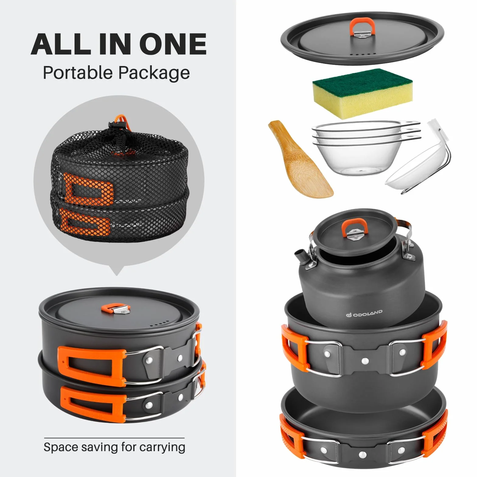 Odoland Camping Kochgeschirr Set, 10 Teilige Outdoor Geschirr Set mit Camping Topf, Camping Bratpfanne und Teekannen für Camping Outdoor Kochen Wandern Reisen