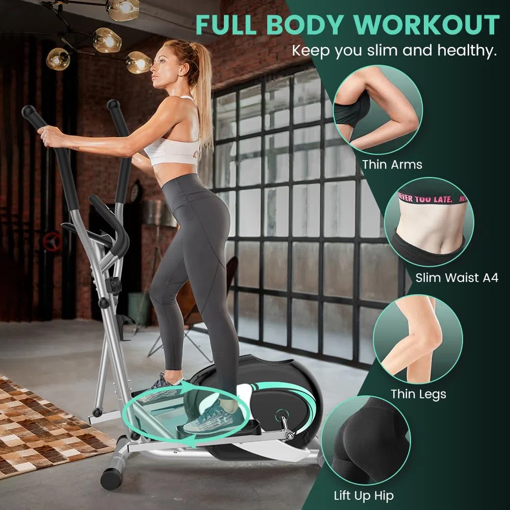 Dripex Crosstrainer für zuhause, Magnetisch Ellipsentrainer, Ultraleiser Crosstrainer mit 16-stufiger Widerstand, 6KG Schwungrad, Pulssensor, LCD Monitor, Gerätehalterung, Transporträder (Grün)